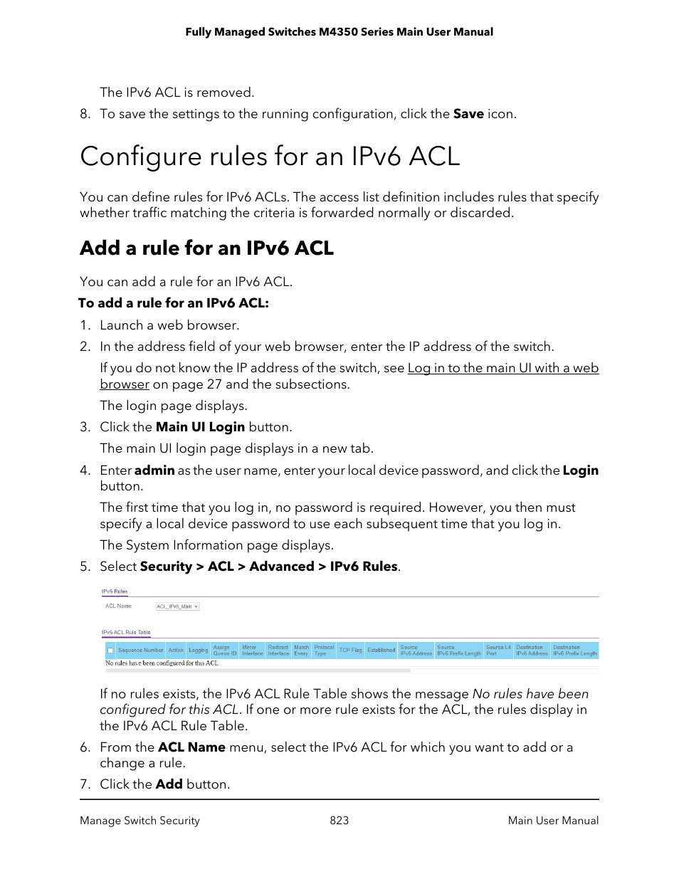 Configure rules for an ipv6 acl, Add a rule for an ipv6 acl | NETGEAR M4350-24F4V 24-Port 10G SFP+ Managed AV Network Switch User Manual | Page 823 / 971