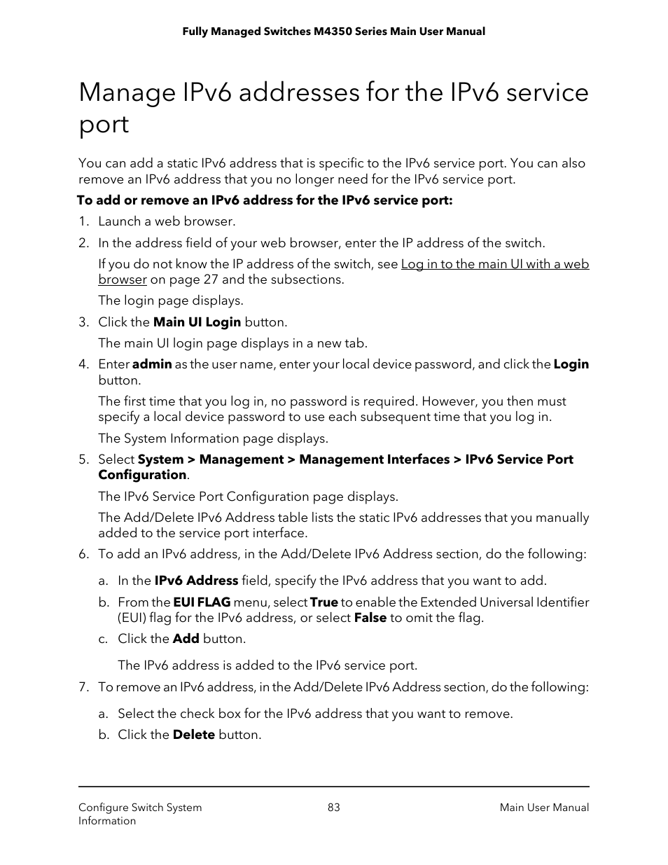 Manage ipv6 addresses for the ipv6 service port | NETGEAR M4350-24F4V 24-Port 10G SFP+ Managed AV Network Switch User Manual | Page 83 / 971