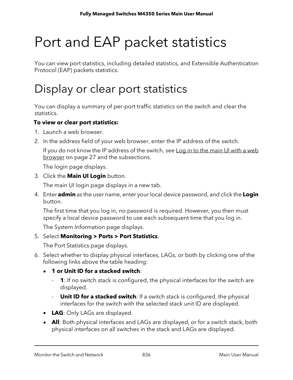 Port and eap packet statistics, Display or clear port statistics | NETGEAR M4350-24F4V 24-Port 10G SFP+ Managed AV Network Switch User Manual | Page 836 / 971