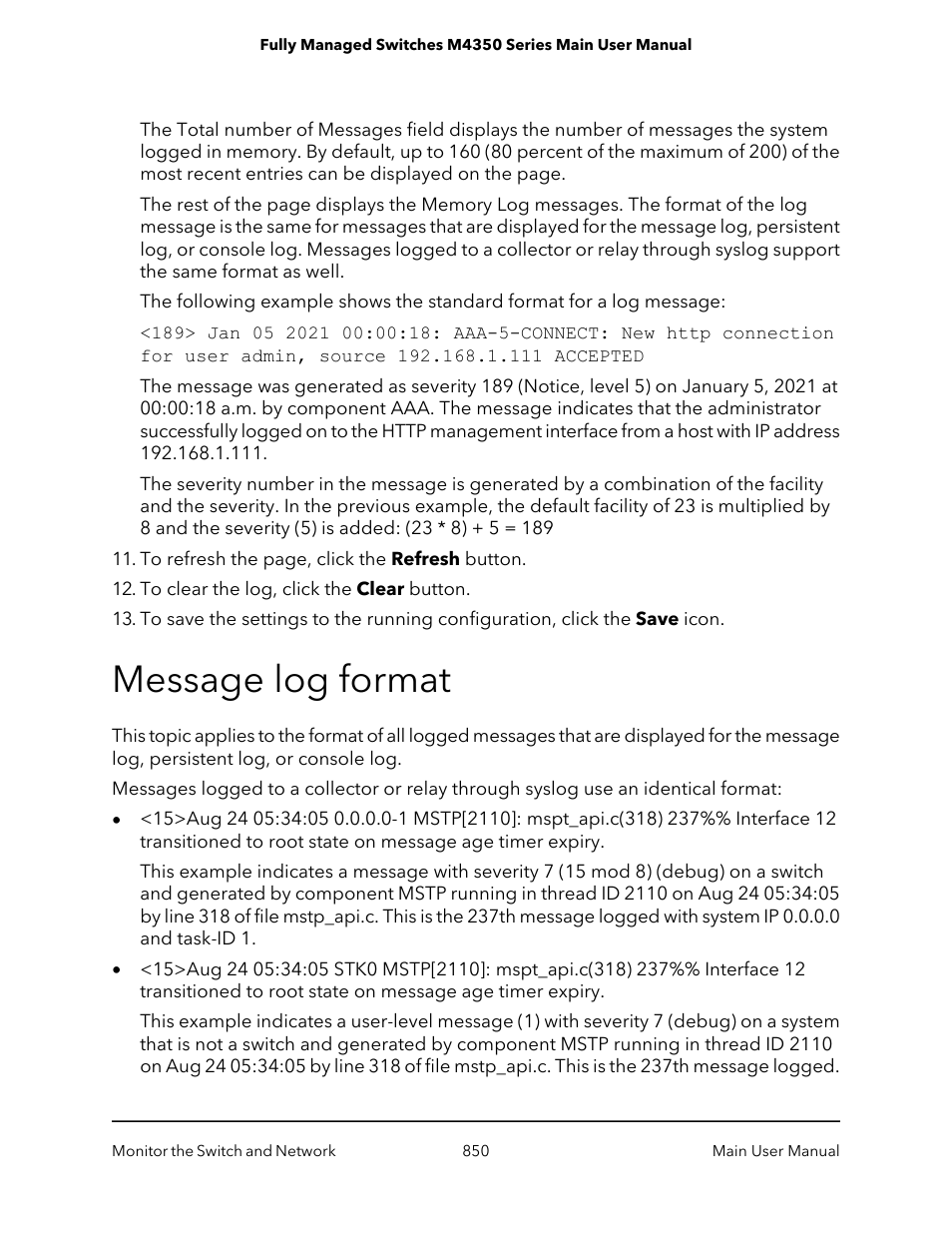 Message log format | NETGEAR M4350-24F4V 24-Port 10G SFP+ Managed AV Network Switch User Manual | Page 850 / 971