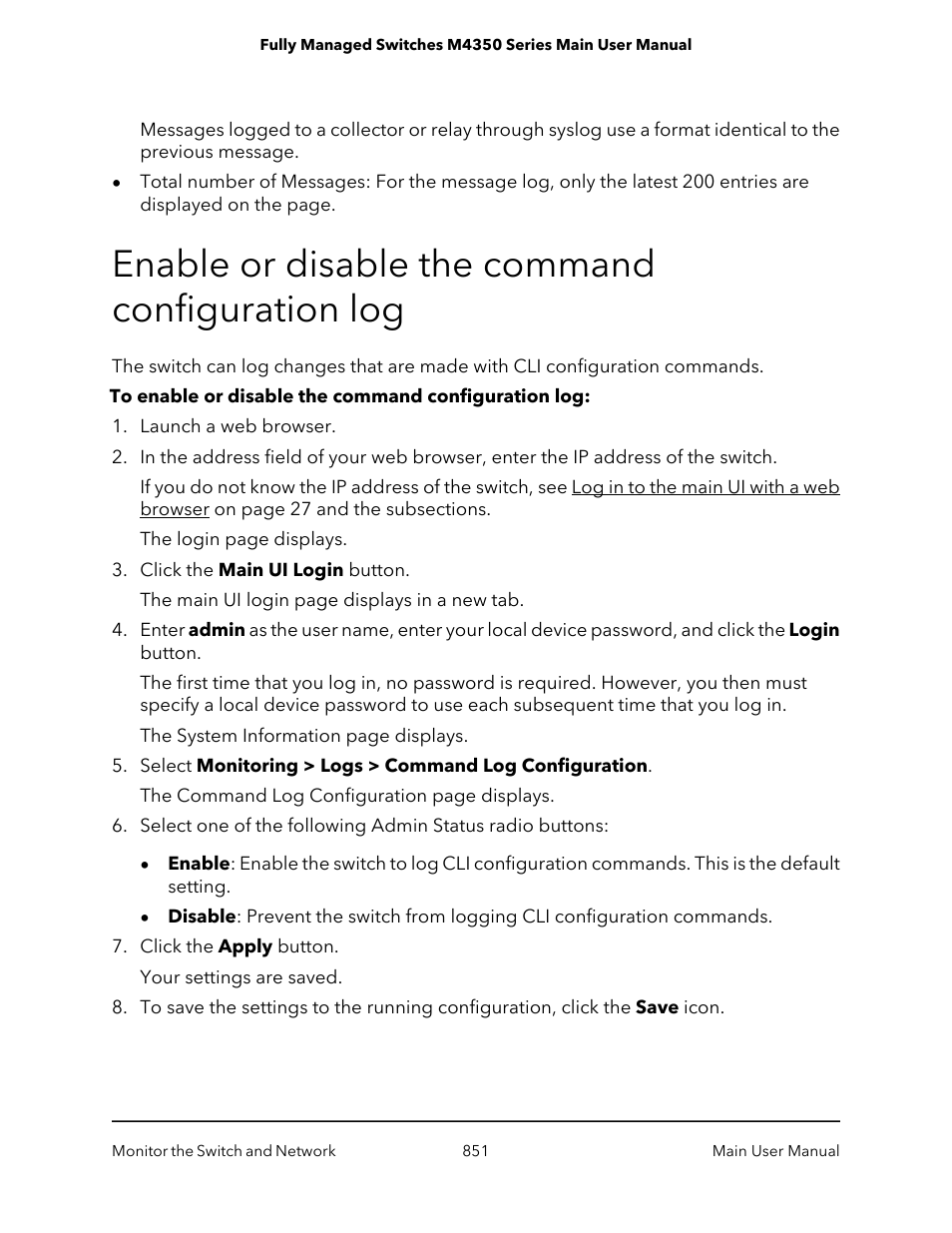 Enable or disable the command configuration log | NETGEAR M4350-24F4V 24-Port 10G SFP+ Managed AV Network Switch User Manual | Page 851 / 971