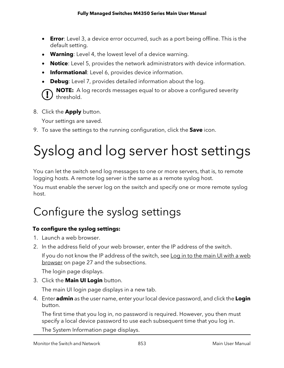 Syslog and log server host settings, Configure the syslog settings | NETGEAR M4350-24F4V 24-Port 10G SFP+ Managed AV Network Switch User Manual | Page 853 / 971