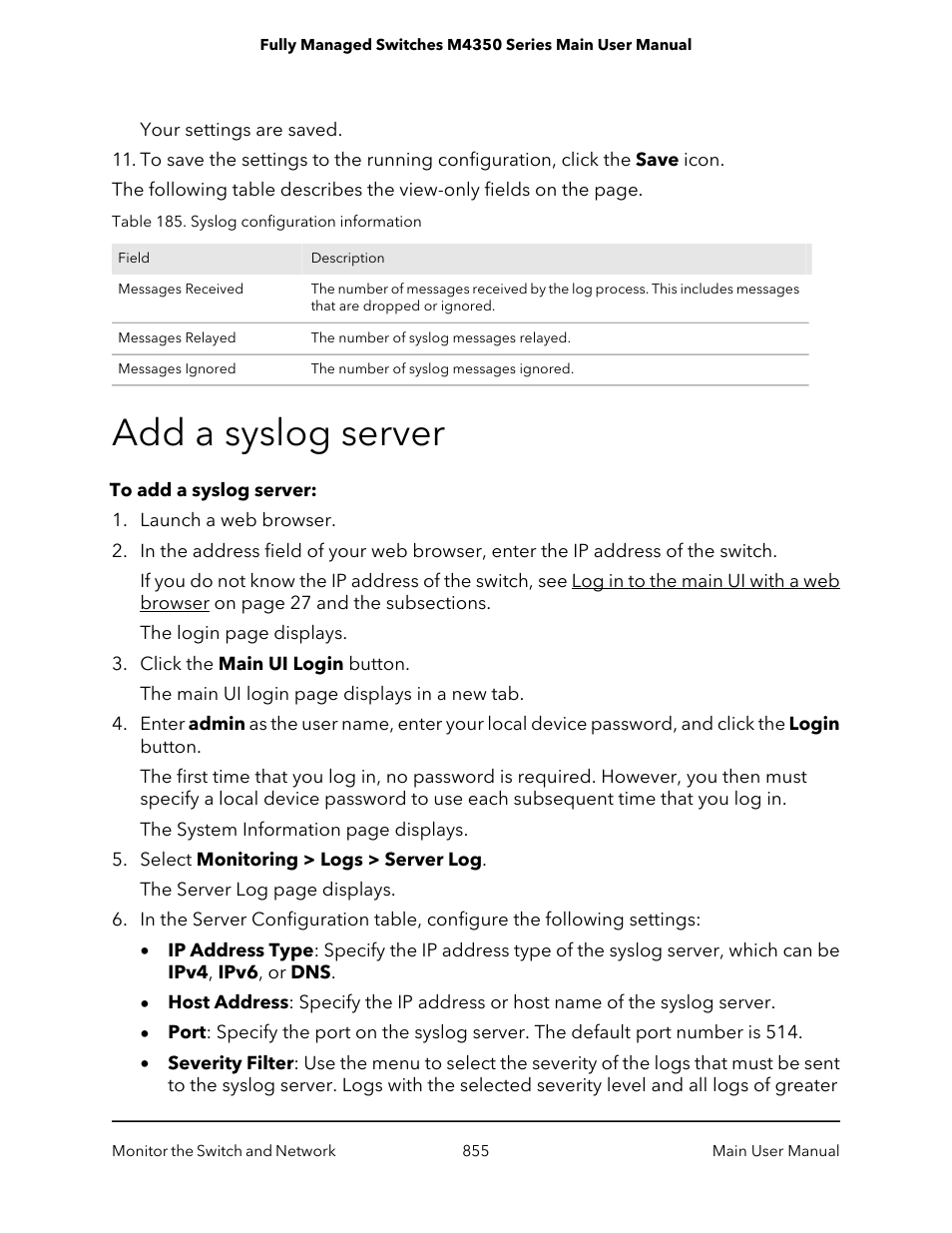 Add a syslog server | NETGEAR M4350-24F4V 24-Port 10G SFP+ Managed AV Network Switch User Manual | Page 855 / 971