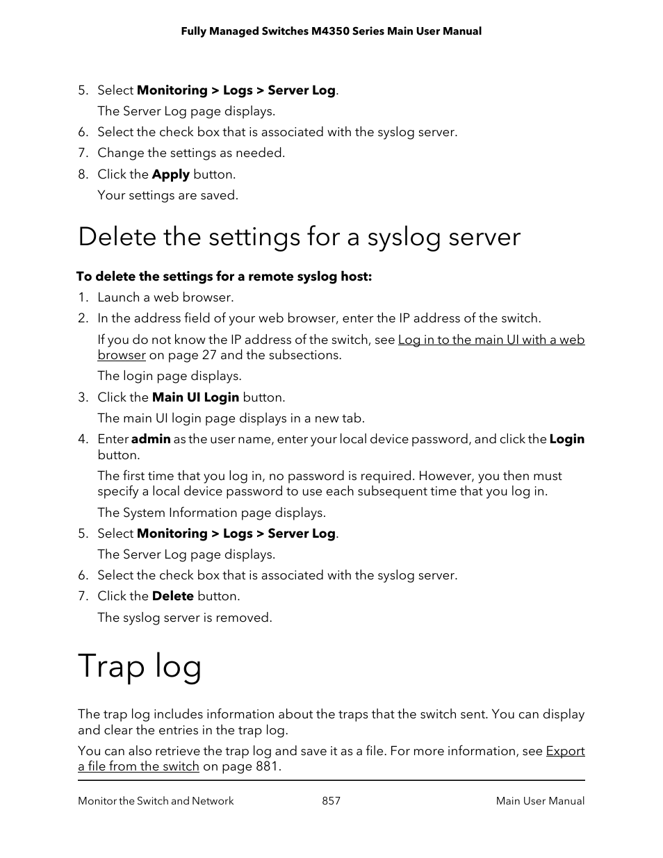 Delete the settings for a syslog server, Trap log | NETGEAR M4350-24F4V 24-Port 10G SFP+ Managed AV Network Switch User Manual | Page 857 / 971