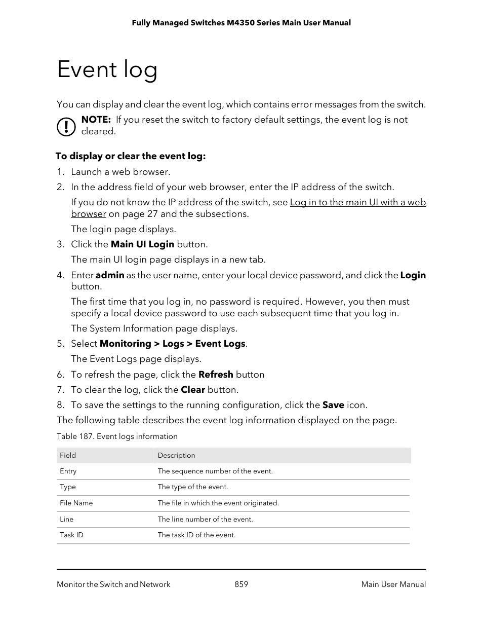 Event log | NETGEAR M4350-24F4V 24-Port 10G SFP+ Managed AV Network Switch User Manual | Page 859 / 971