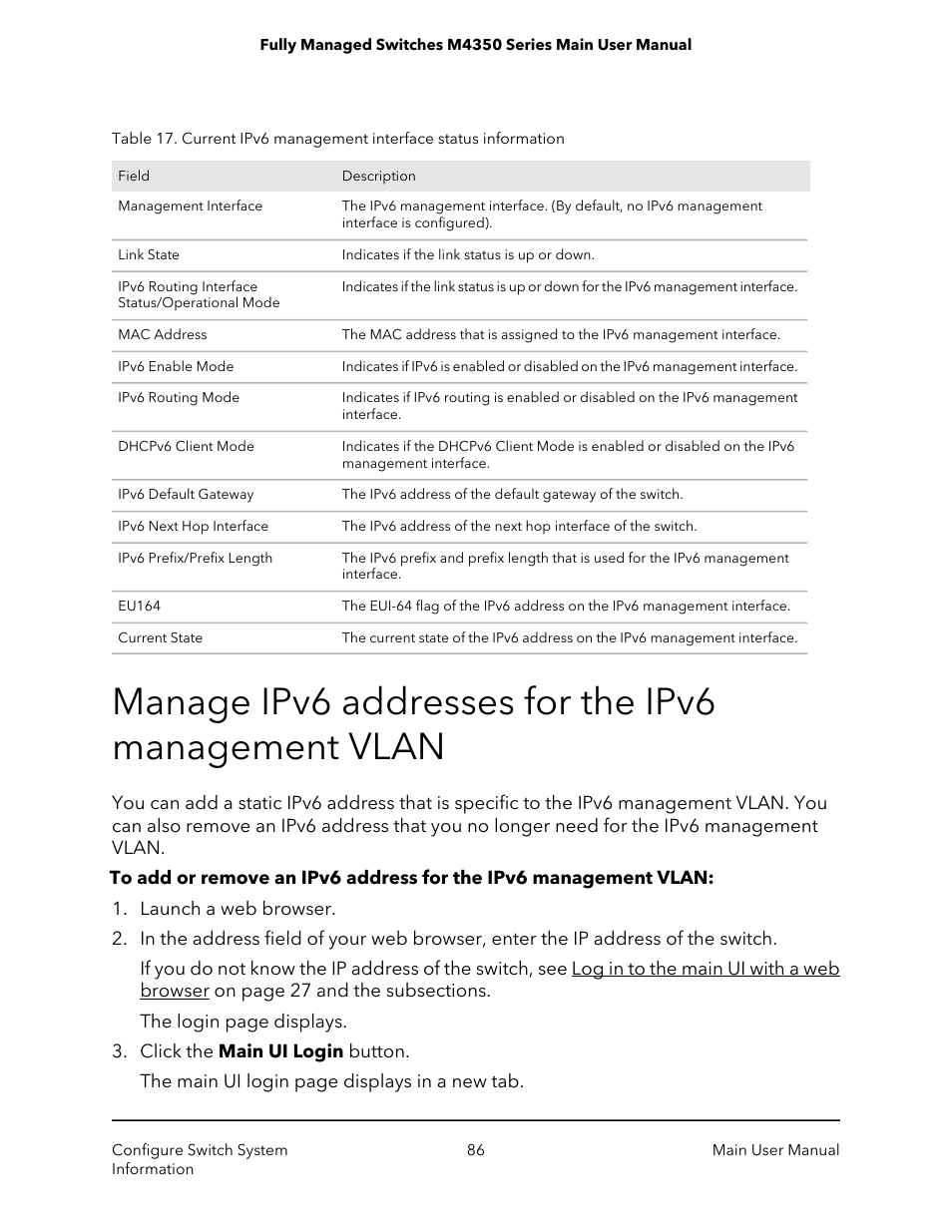 Manage ipv6 addresses for the ipv6 management vlan | NETGEAR M4350-24F4V 24-Port 10G SFP+ Managed AV Network Switch User Manual | Page 86 / 971