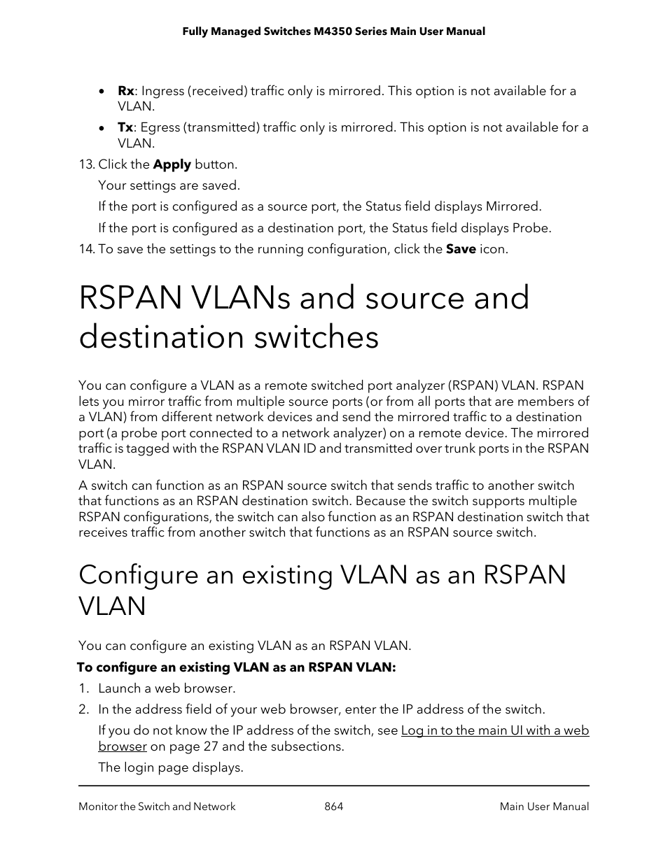 Rspan vlans and source and destination switches, Configure an existing vlan as an rspan vlan | NETGEAR M4350-24F4V 24-Port 10G SFP+ Managed AV Network Switch User Manual | Page 864 / 971