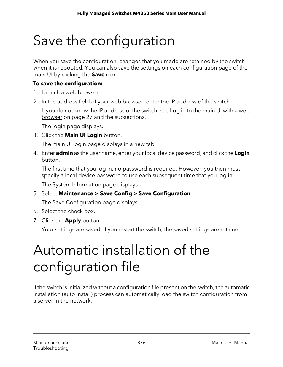 Save the configuration, Automatic installation of the configuration file | NETGEAR M4350-24F4V 24-Port 10G SFP+ Managed AV Network Switch User Manual | Page 876 / 971