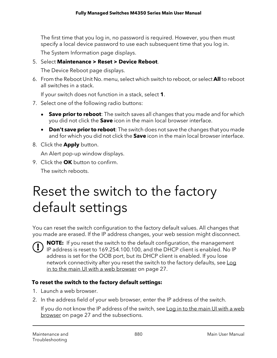 Reset the switch to the factory default settings | NETGEAR M4350-24F4V 24-Port 10G SFP+ Managed AV Network Switch User Manual | Page 880 / 971