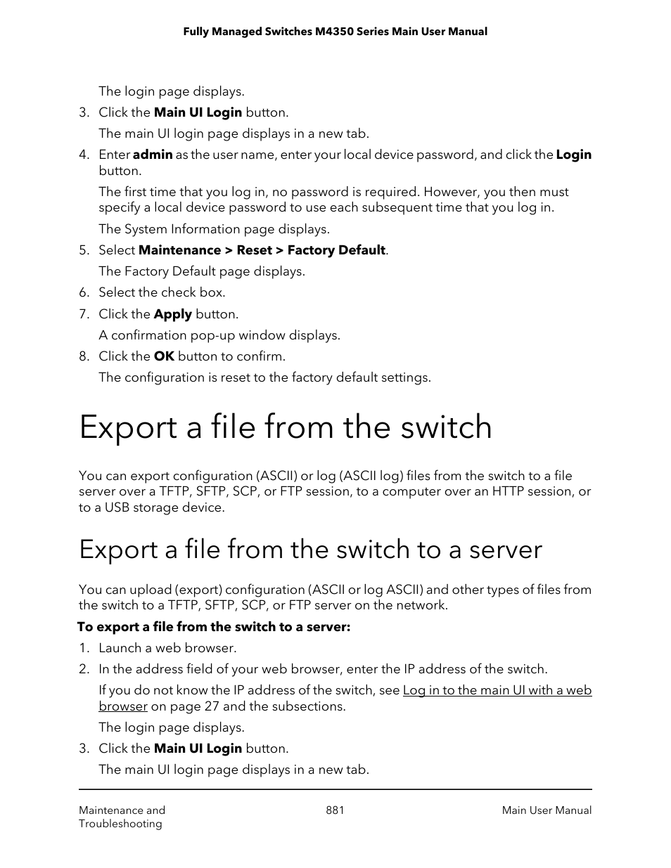 Export a file from the switch, Export a file from the switch to a server | NETGEAR M4350-24F4V 24-Port 10G SFP+ Managed AV Network Switch User Manual | Page 881 / 971