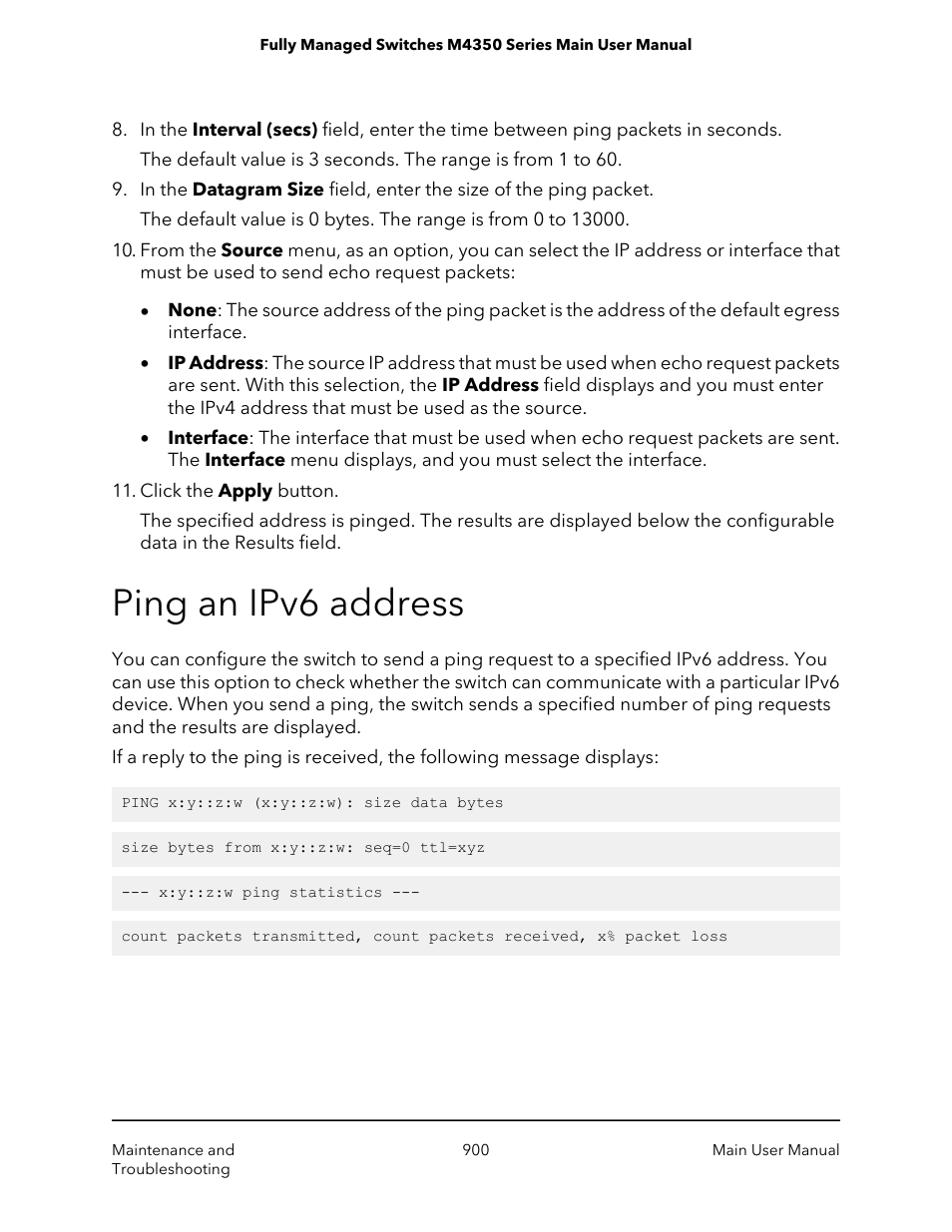 Ping an ipv6 address | NETGEAR M4350-24F4V 24-Port 10G SFP+ Managed AV Network Switch User Manual | Page 900 / 971