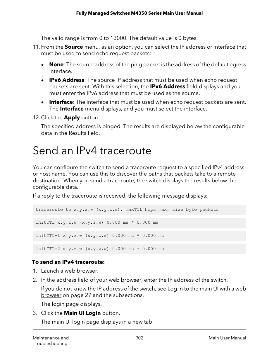 Send an ipv4 traceroute | NETGEAR M4350-24F4V 24-Port 10G SFP+ Managed AV Network Switch User Manual | Page 902 / 971