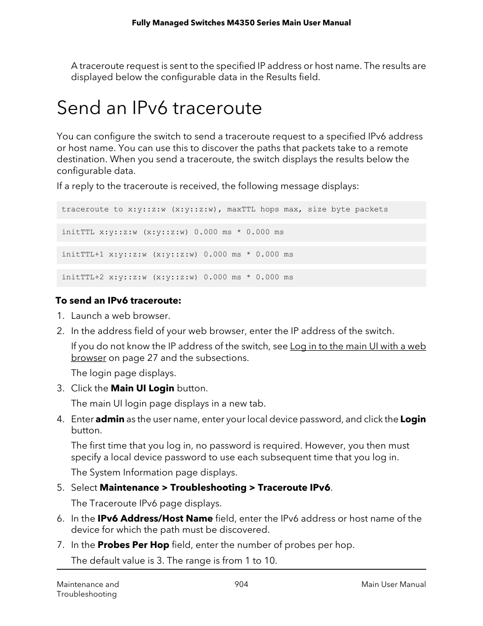 Send an ipv6 traceroute | NETGEAR M4350-24F4V 24-Port 10G SFP+ Managed AV Network Switch User Manual | Page 904 / 971