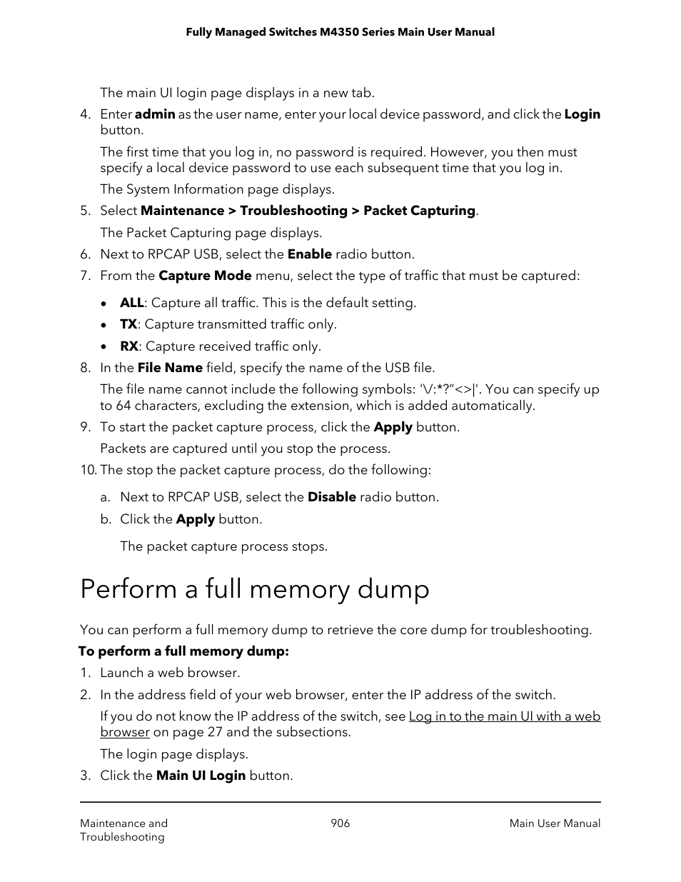 Perform a full memory dump | NETGEAR M4350-24F4V 24-Port 10G SFP+ Managed AV Network Switch User Manual | Page 906 / 971