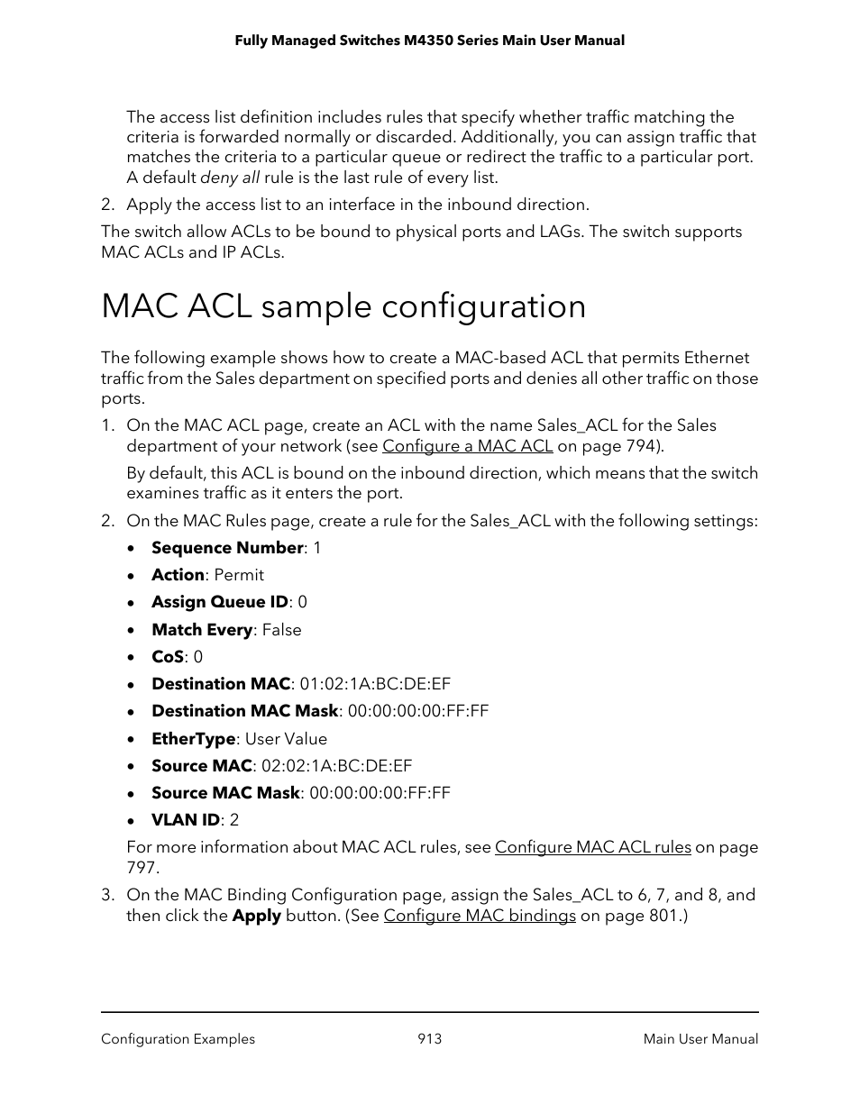 Mac acl sample configuration | NETGEAR M4350-24F4V 24-Port 10G SFP+ Managed AV Network Switch User Manual | Page 913 / 971