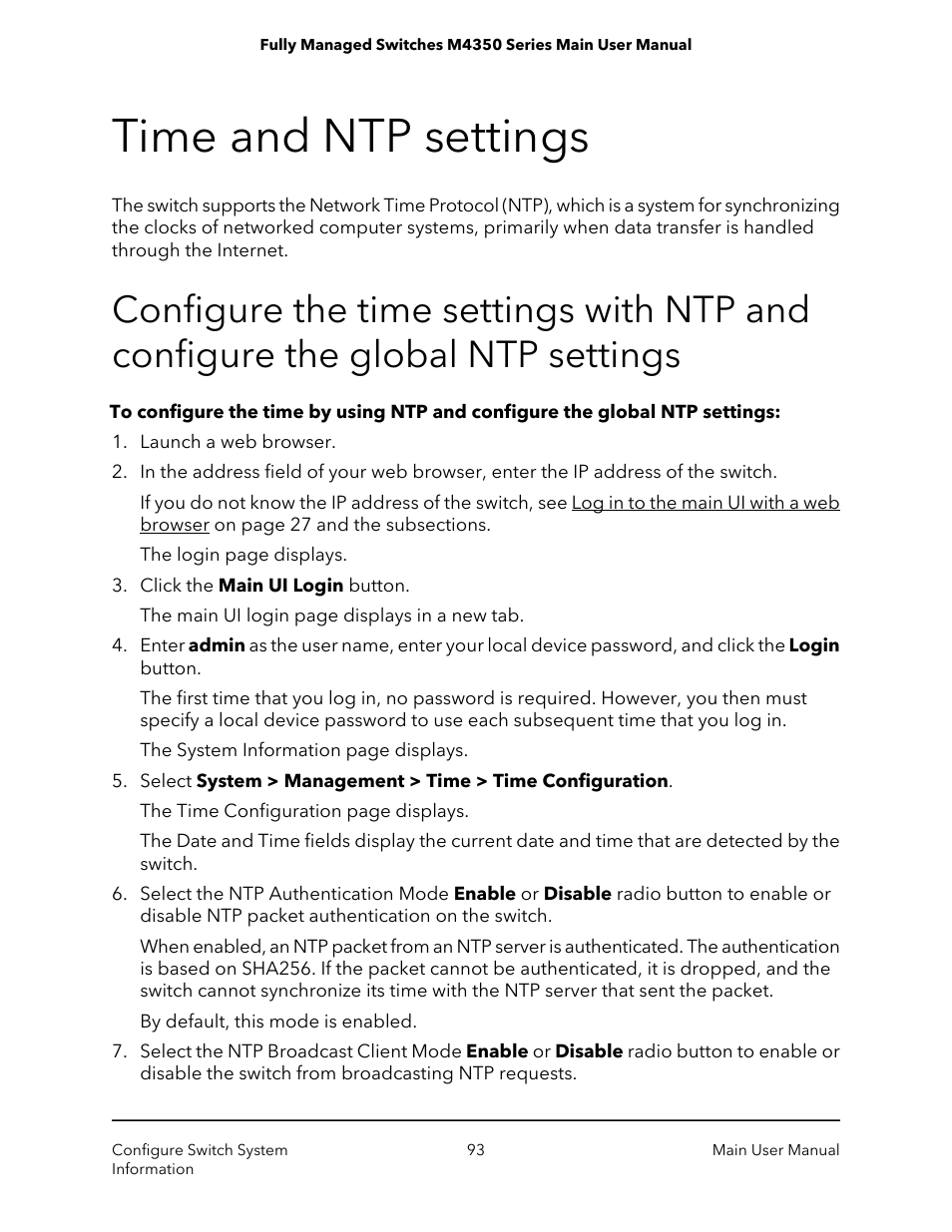 Time and ntp settings | NETGEAR M4350-24F4V 24-Port 10G SFP+ Managed AV Network Switch User Manual | Page 93 / 971