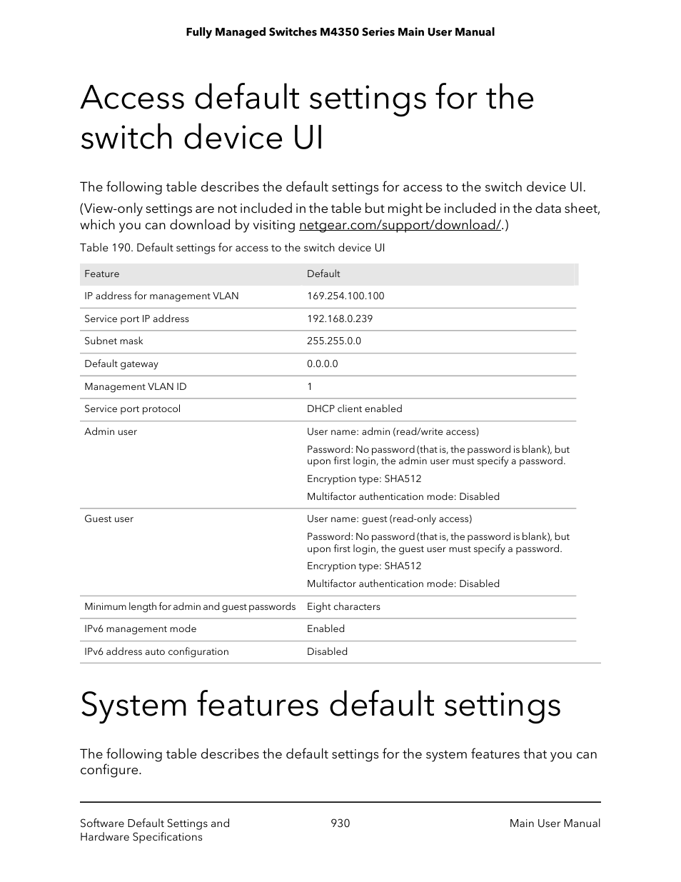 Access default settings for the switch device ui, System features default settings | NETGEAR M4350-24F4V 24-Port 10G SFP+ Managed AV Network Switch User Manual | Page 930 / 971