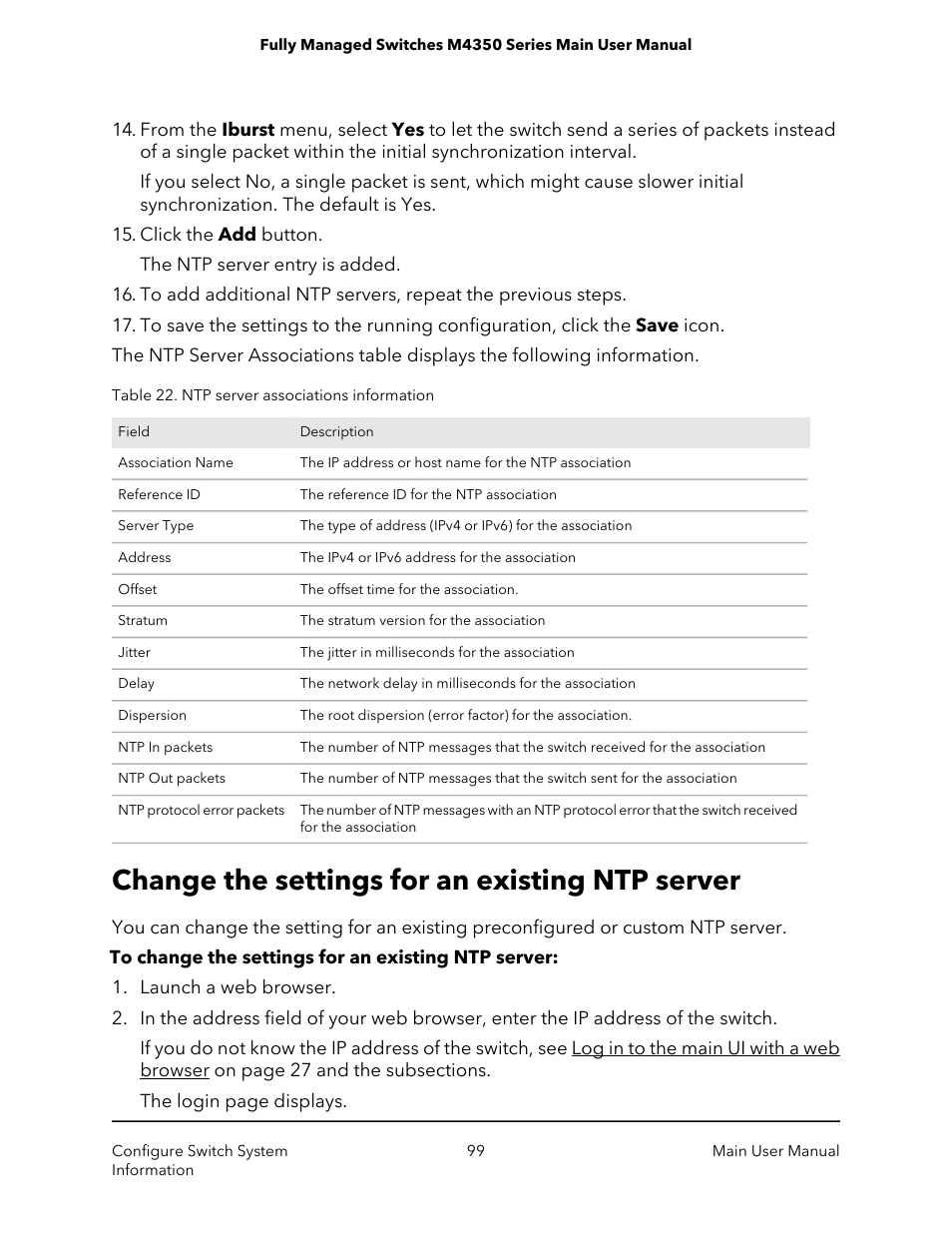 Change the settings for an existing ntp server | NETGEAR M4350-24F4V 24-Port 10G SFP+ Managed AV Network Switch User Manual | Page 99 / 971