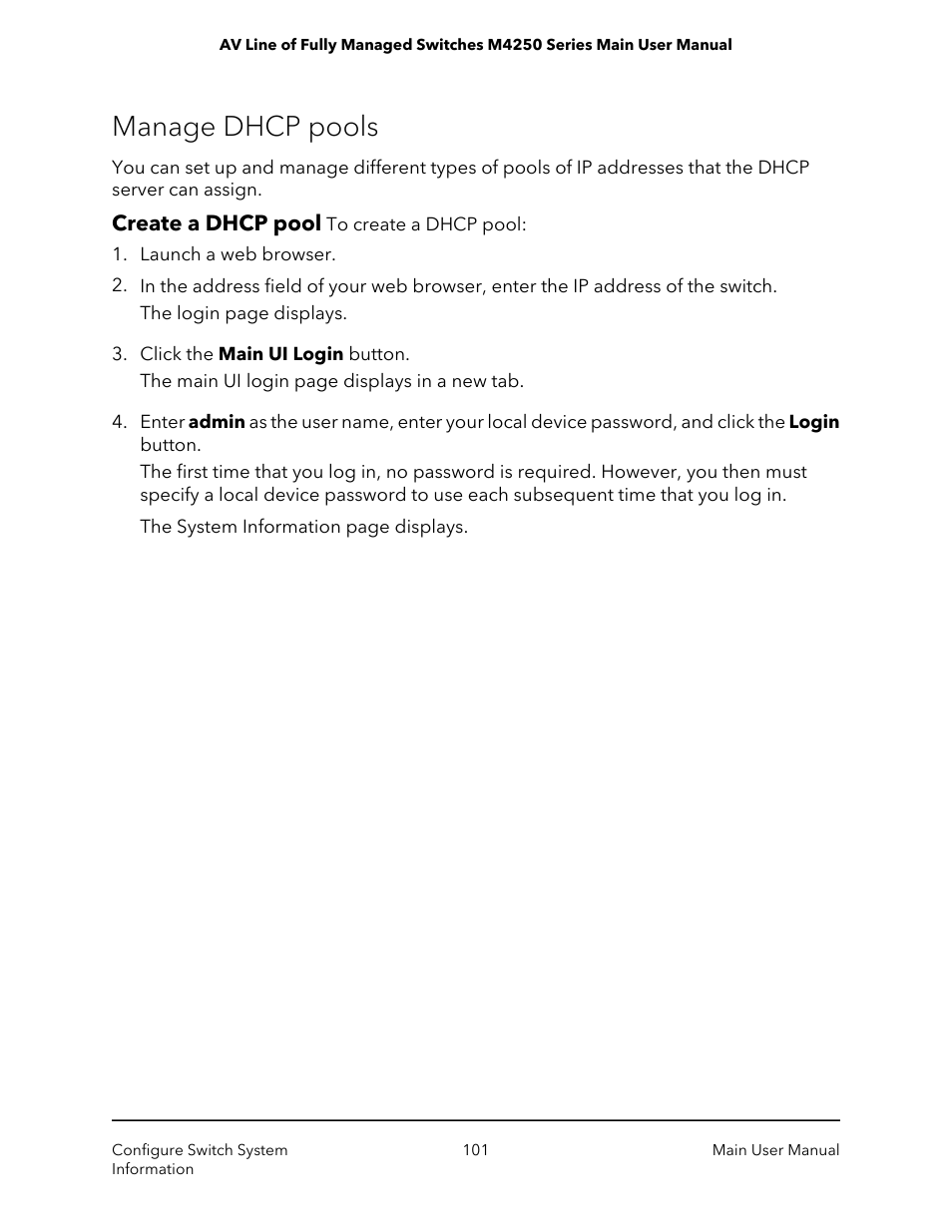 Manage dhcp pools, Create a dhcp pool | NETGEAR AV Line M4250 GSM4210PX 8-Port Gigabit PoE+ Compliant Managed AV Switch with SFP (220W) User Manual | Page 101 / 826