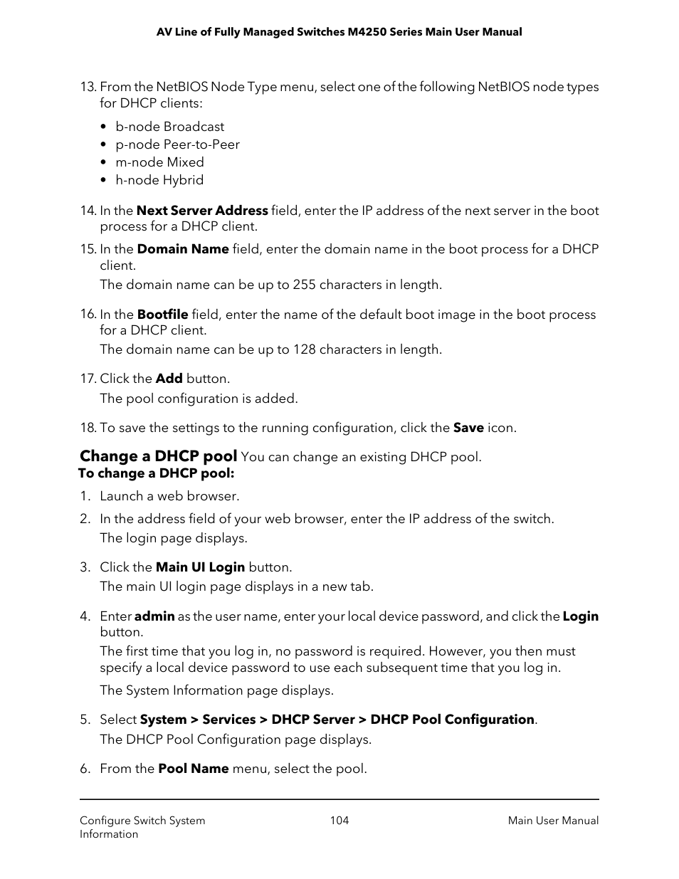 Change a dhcp pool | NETGEAR AV Line M4250 GSM4210PX 8-Port Gigabit PoE+ Compliant Managed AV Switch with SFP (220W) User Manual | Page 104 / 826