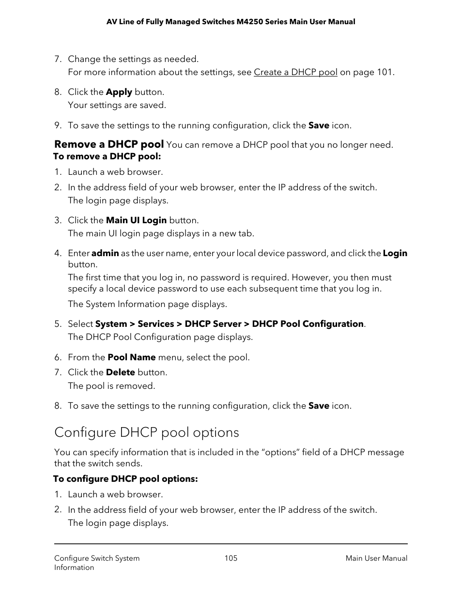 Remove a dhcp pool, Configure dhcp pool options | NETGEAR AV Line M4250 GSM4210PX 8-Port Gigabit PoE+ Compliant Managed AV Switch with SFP (220W) User Manual | Page 105 / 826