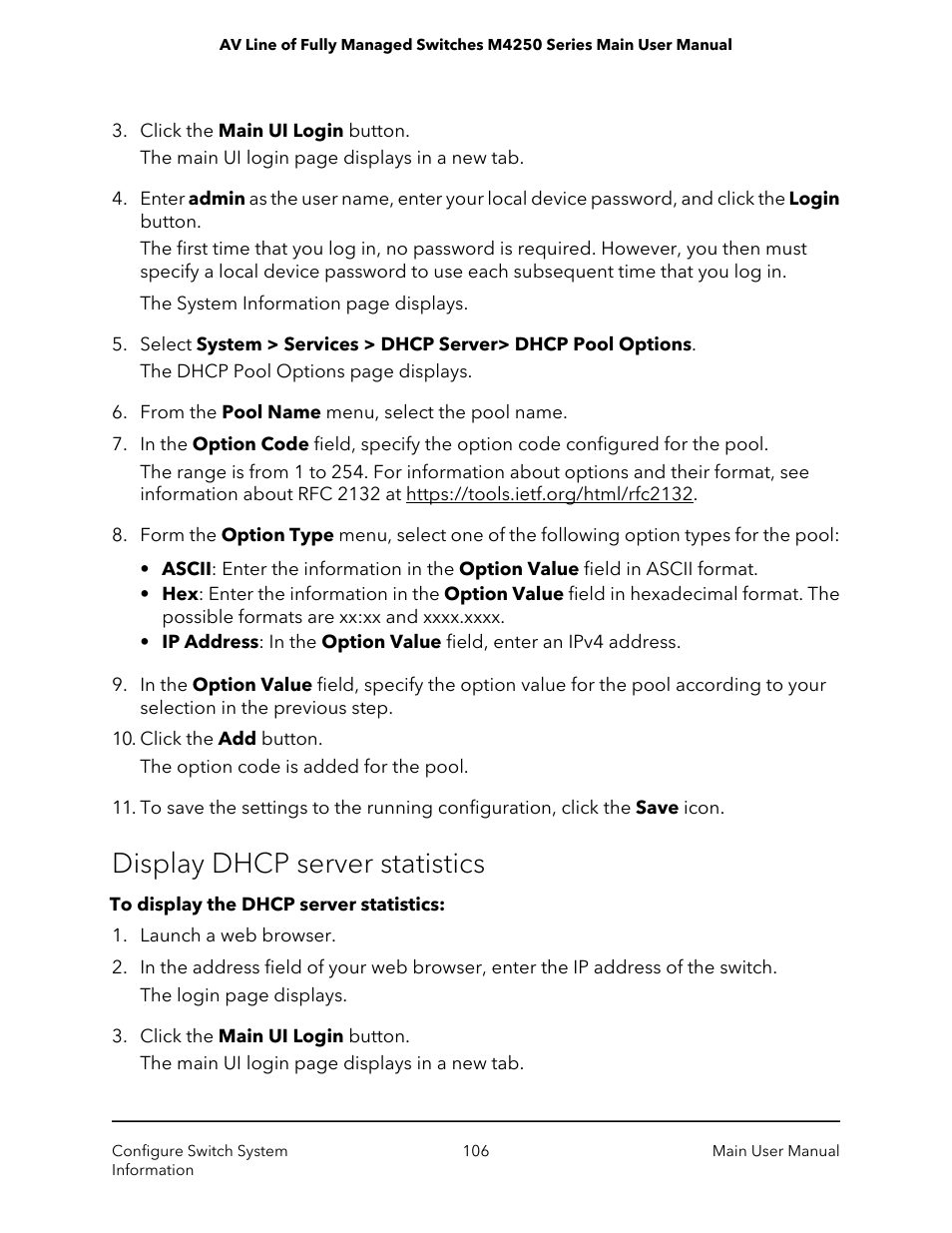 Display dhcp server statistics | NETGEAR AV Line M4250 GSM4210PX 8-Port Gigabit PoE+ Compliant Managed AV Switch with SFP (220W) User Manual | Page 106 / 826