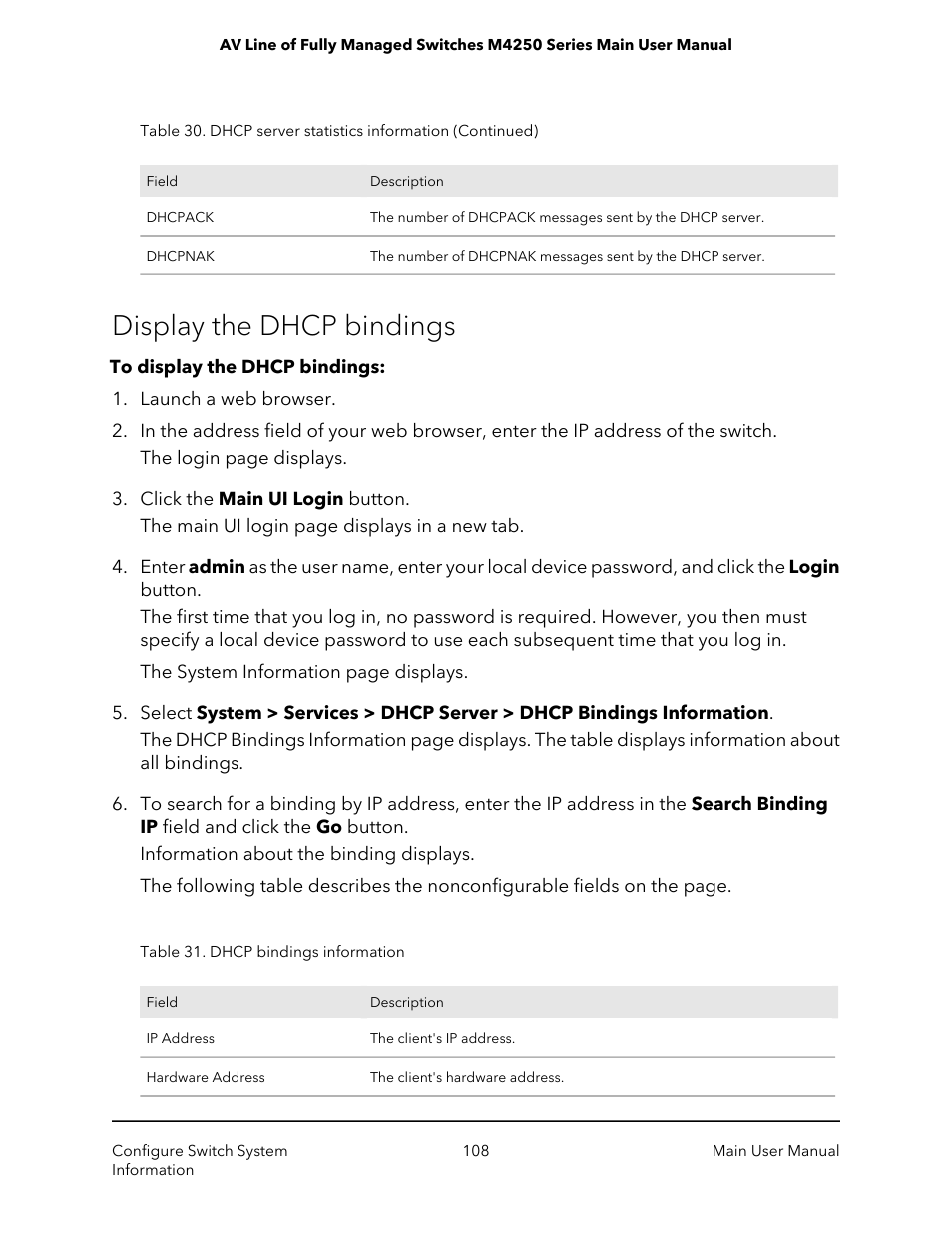 Display the dhcp bindings | NETGEAR AV Line M4250 GSM4210PX 8-Port Gigabit PoE+ Compliant Managed AV Switch with SFP (220W) User Manual | Page 108 / 826