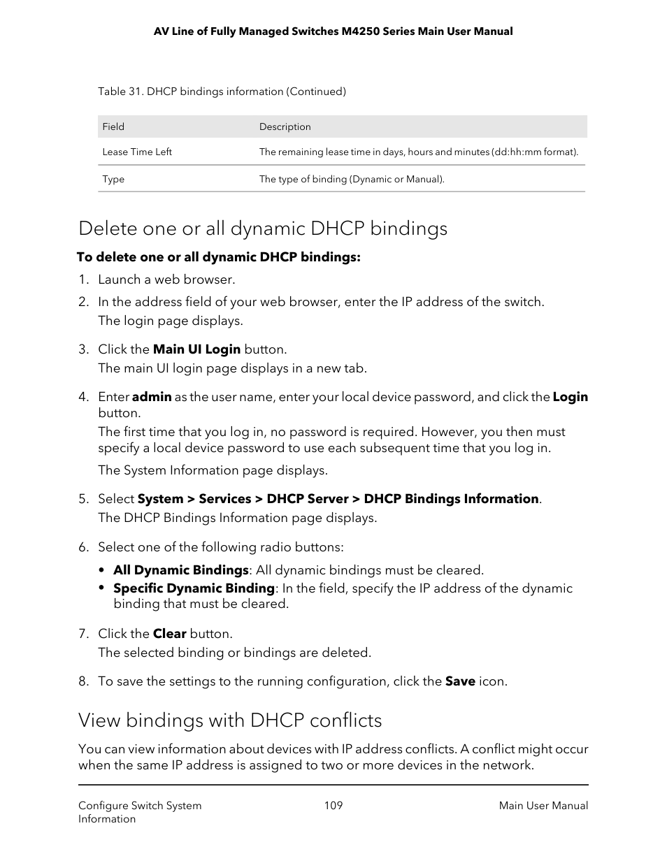 Delete one or all dynamic dhcp bindings, View bindings with dhcp conflicts | NETGEAR AV Line M4250 GSM4210PX 8-Port Gigabit PoE+ Compliant Managed AV Switch with SFP (220W) User Manual | Page 109 / 826