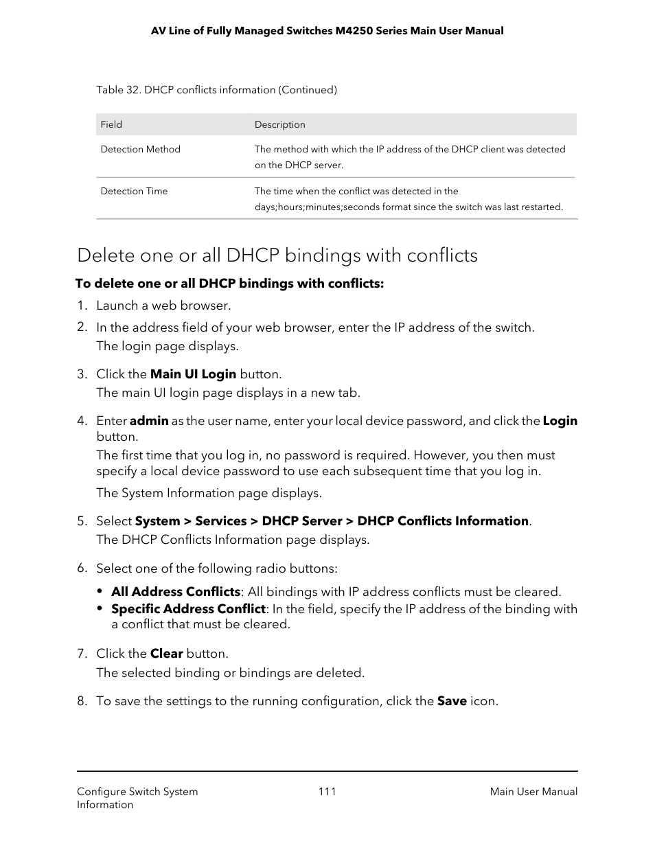 Delete one or all dhcp bindings with conflicts | NETGEAR AV Line M4250 GSM4210PX 8-Port Gigabit PoE+ Compliant Managed AV Switch with SFP (220W) User Manual | Page 111 / 826