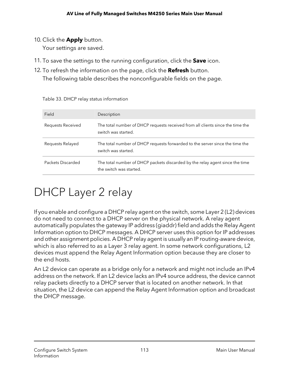 Dhcp layer 2 relay | NETGEAR AV Line M4250 GSM4210PX 8-Port Gigabit PoE+ Compliant Managed AV Switch with SFP (220W) User Manual | Page 113 / 826