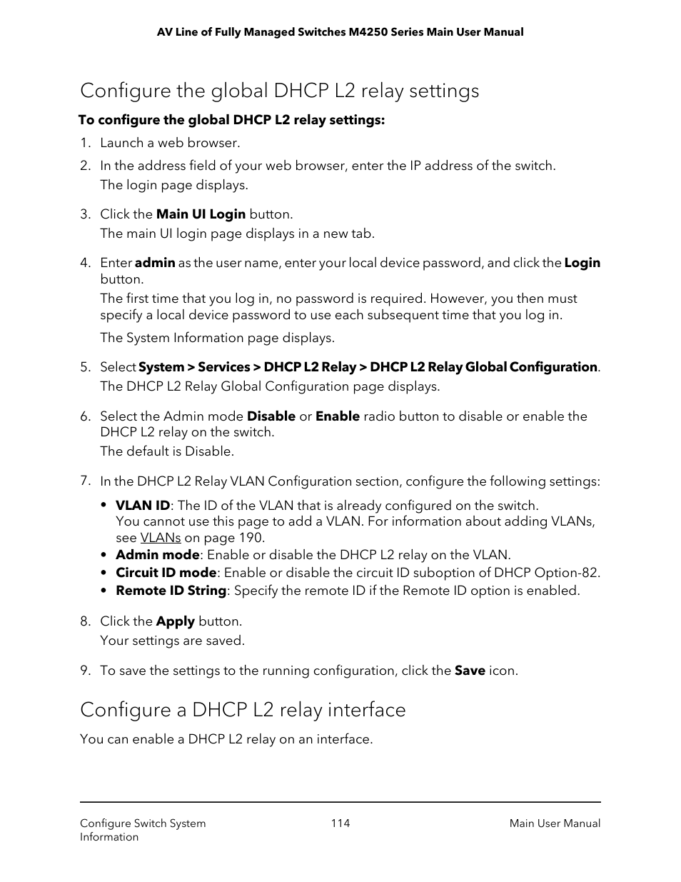 Configure the global dhcp l2 relay settings, Configure a dhcp l2 relay interface | NETGEAR AV Line M4250 GSM4210PX 8-Port Gigabit PoE+ Compliant Managed AV Switch with SFP (220W) User Manual | Page 114 / 826