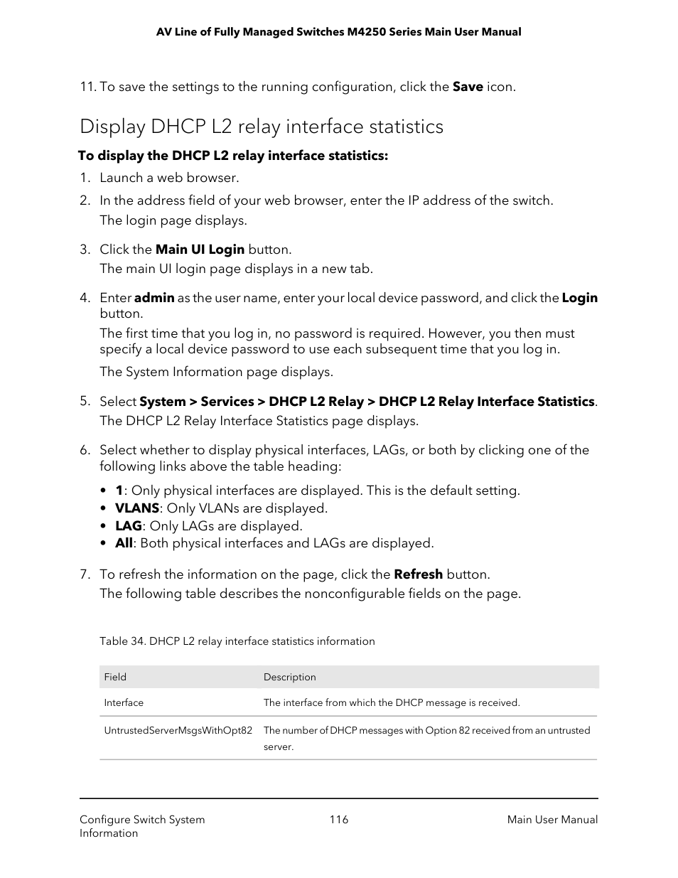 Display dhcp l2 relay interface statistics | NETGEAR AV Line M4250 GSM4210PX 8-Port Gigabit PoE+ Compliant Managed AV Switch with SFP (220W) User Manual | Page 116 / 826