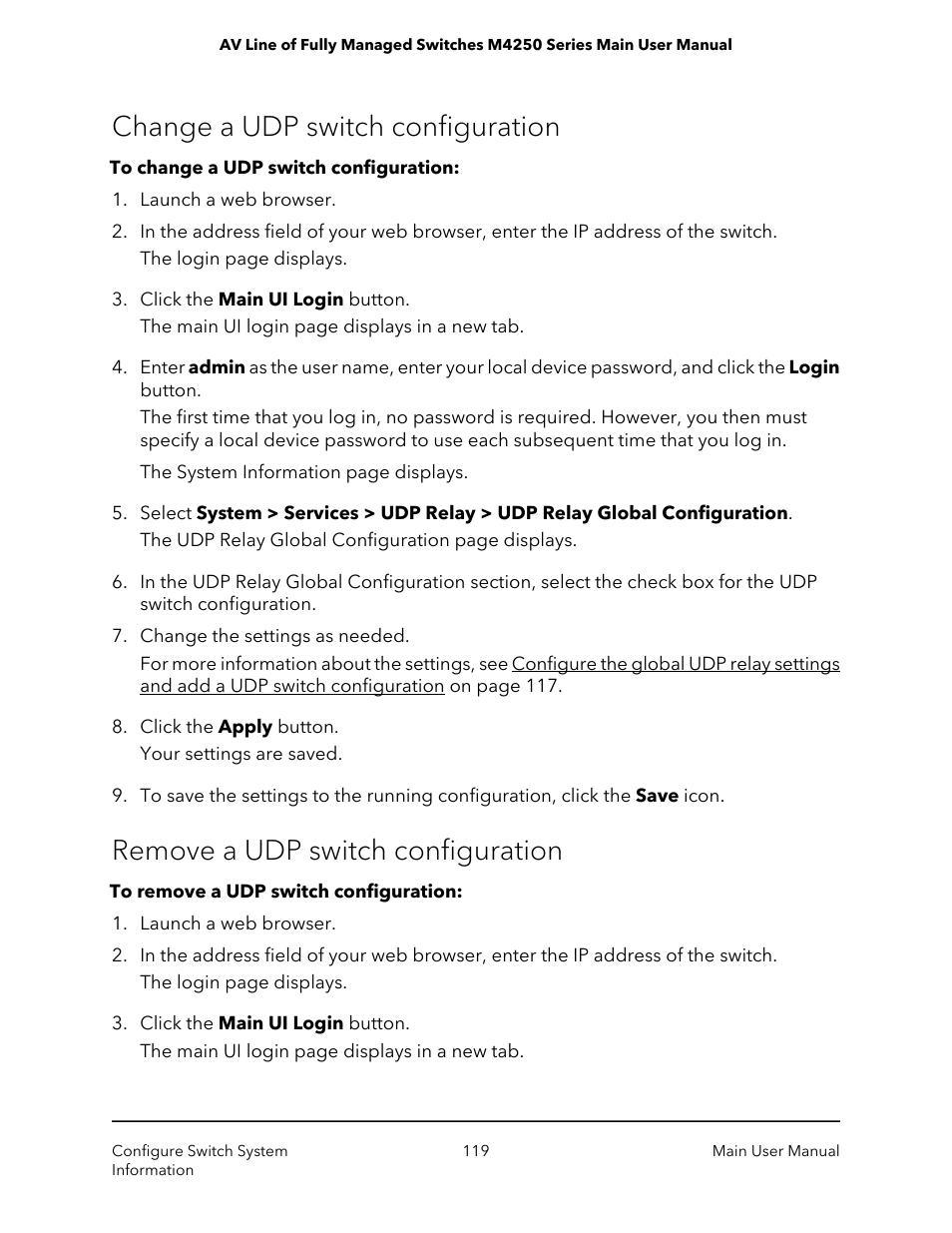 Change a udp switch configuration, Remove a udp switch configuration | NETGEAR AV Line M4250 GSM4210PX 8-Port Gigabit PoE+ Compliant Managed AV Switch with SFP (220W) User Manual | Page 119 / 826