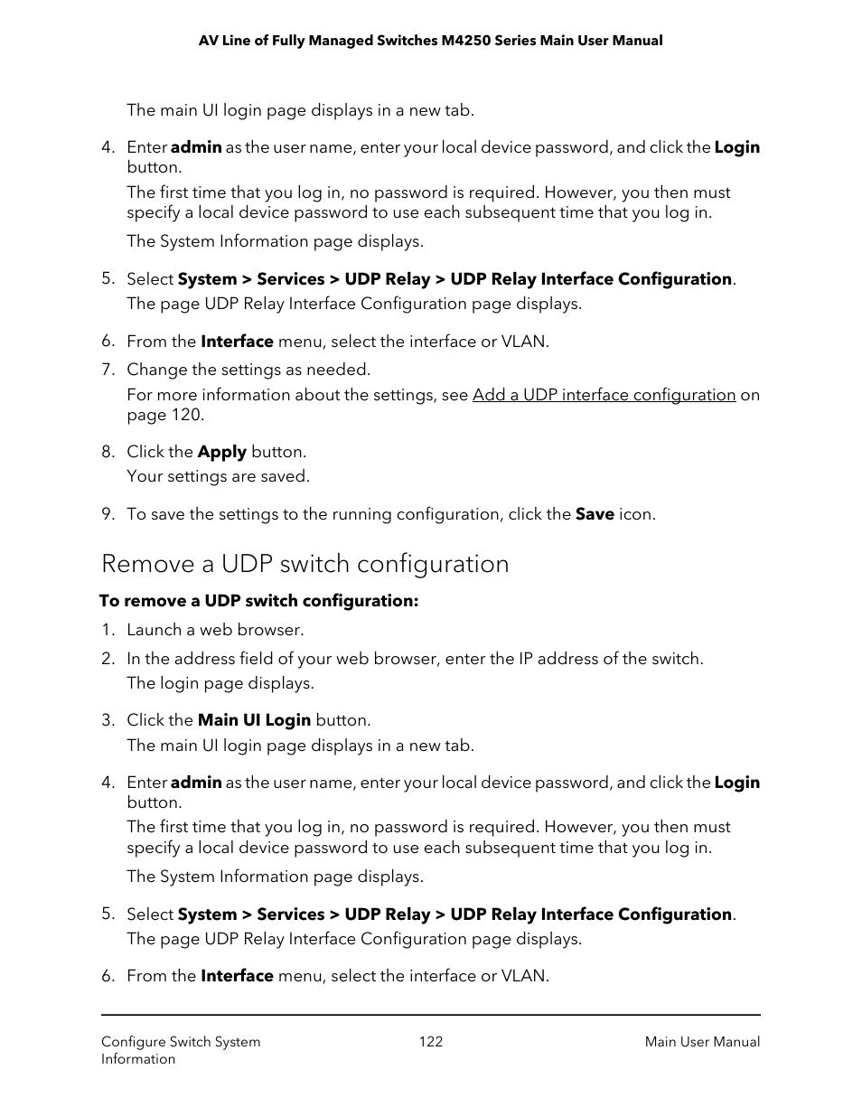 Remove a udp switch configuration | NETGEAR AV Line M4250 GSM4210PX 8-Port Gigabit PoE+ Compliant Managed AV Switch with SFP (220W) User Manual | Page 122 / 826