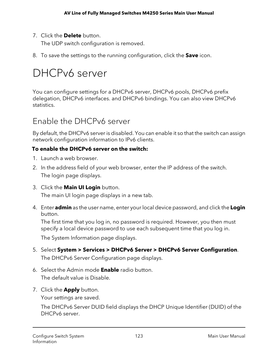 Dhcpv6 server, Enable the dhcpv6 server | NETGEAR AV Line M4250 GSM4210PX 8-Port Gigabit PoE+ Compliant Managed AV Switch with SFP (220W) User Manual | Page 123 / 826