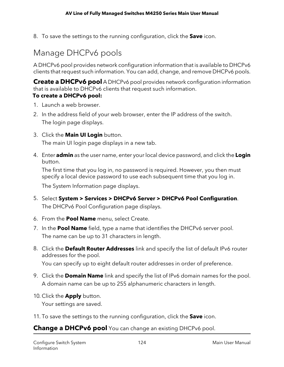 Manage dhcpv6 pools, Create a dhcpv6 pool, Change a dhcpv6 pool | Create a dhcpv6 pool change a dhcpv6 pool | NETGEAR AV Line M4250 GSM4210PX 8-Port Gigabit PoE+ Compliant Managed AV Switch with SFP (220W) User Manual | Page 124 / 826