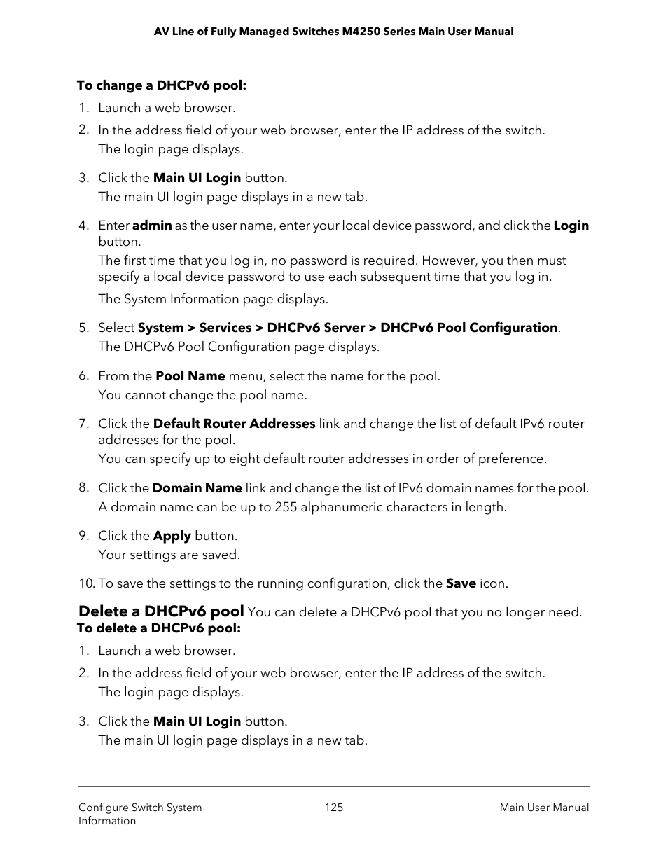 Delete a dhcpv6 pool | NETGEAR AV Line M4250 GSM4210PX 8-Port Gigabit PoE+ Compliant Managed AV Switch with SFP (220W) User Manual | Page 125 / 826