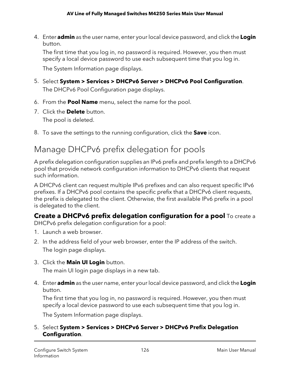 Manage dhcpv6 prefix delegation for pools | NETGEAR AV Line M4250 GSM4210PX 8-Port Gigabit PoE+ Compliant Managed AV Switch with SFP (220W) User Manual | Page 126 / 826