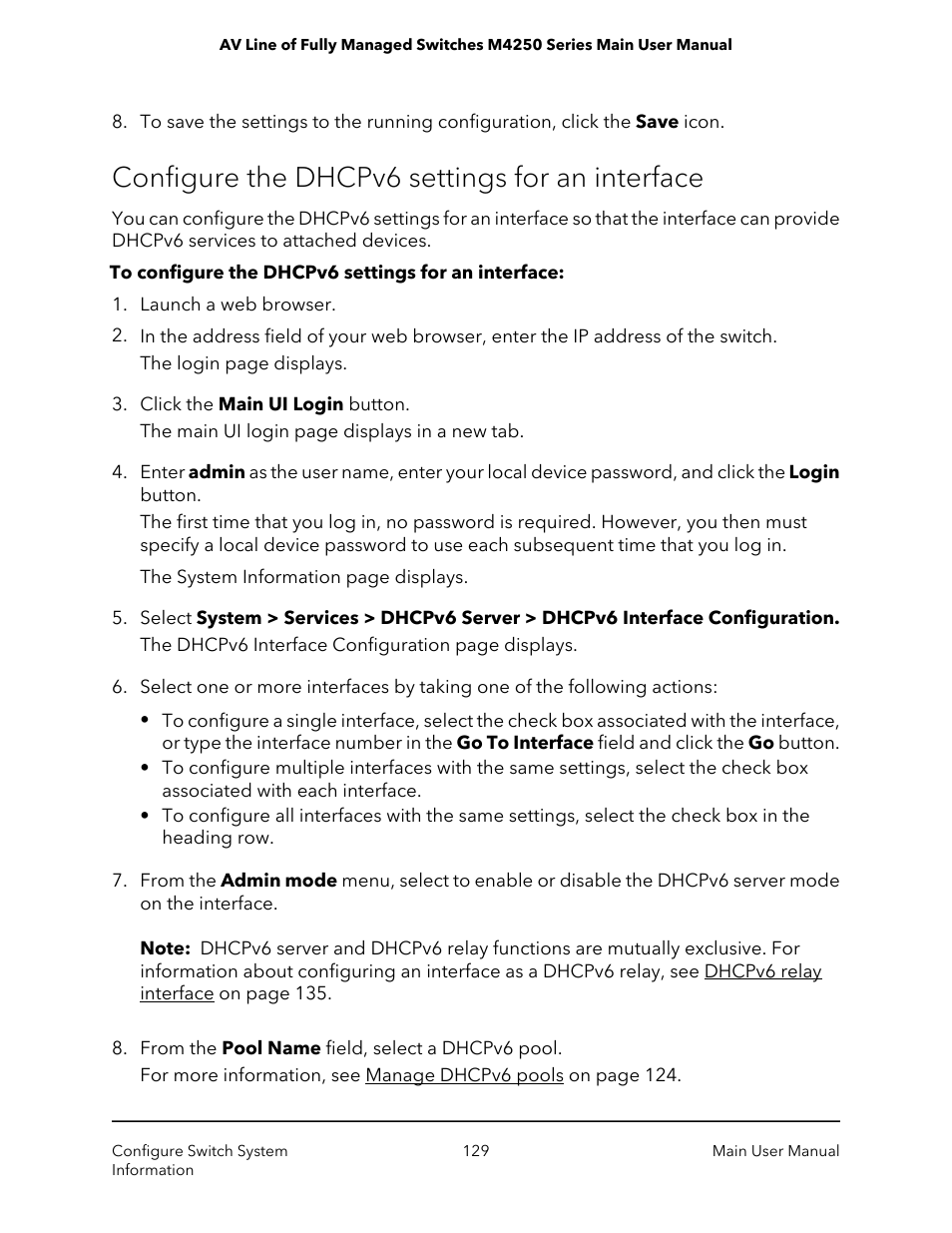 Configure the dhcpv6 settings for an interface | NETGEAR AV Line M4250 GSM4210PX 8-Port Gigabit PoE+ Compliant Managed AV Switch with SFP (220W) User Manual | Page 129 / 826