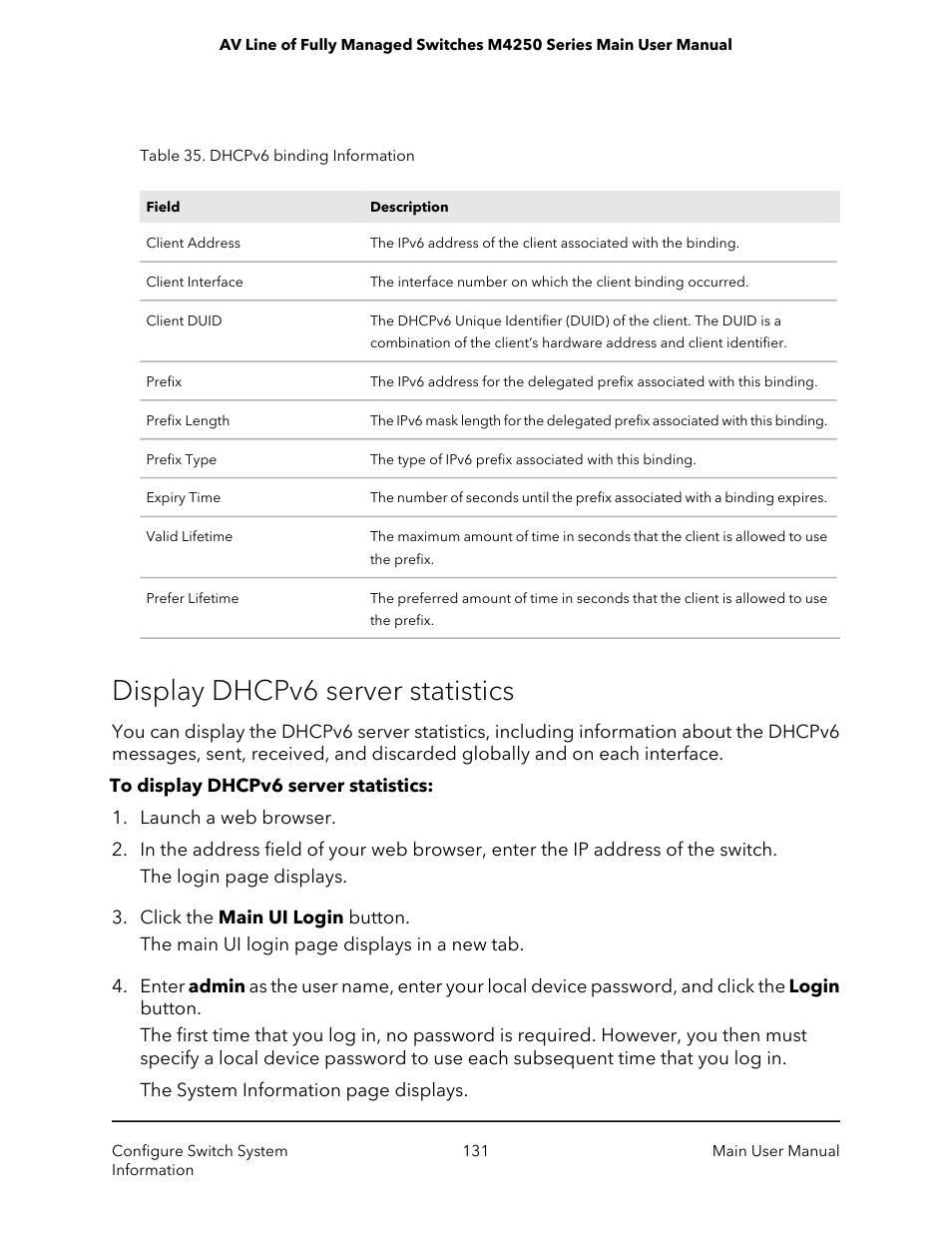 Display dhcpv6 server statistics | NETGEAR AV Line M4250 GSM4210PX 8-Port Gigabit PoE+ Compliant Managed AV Switch with SFP (220W) User Manual | Page 131 / 826