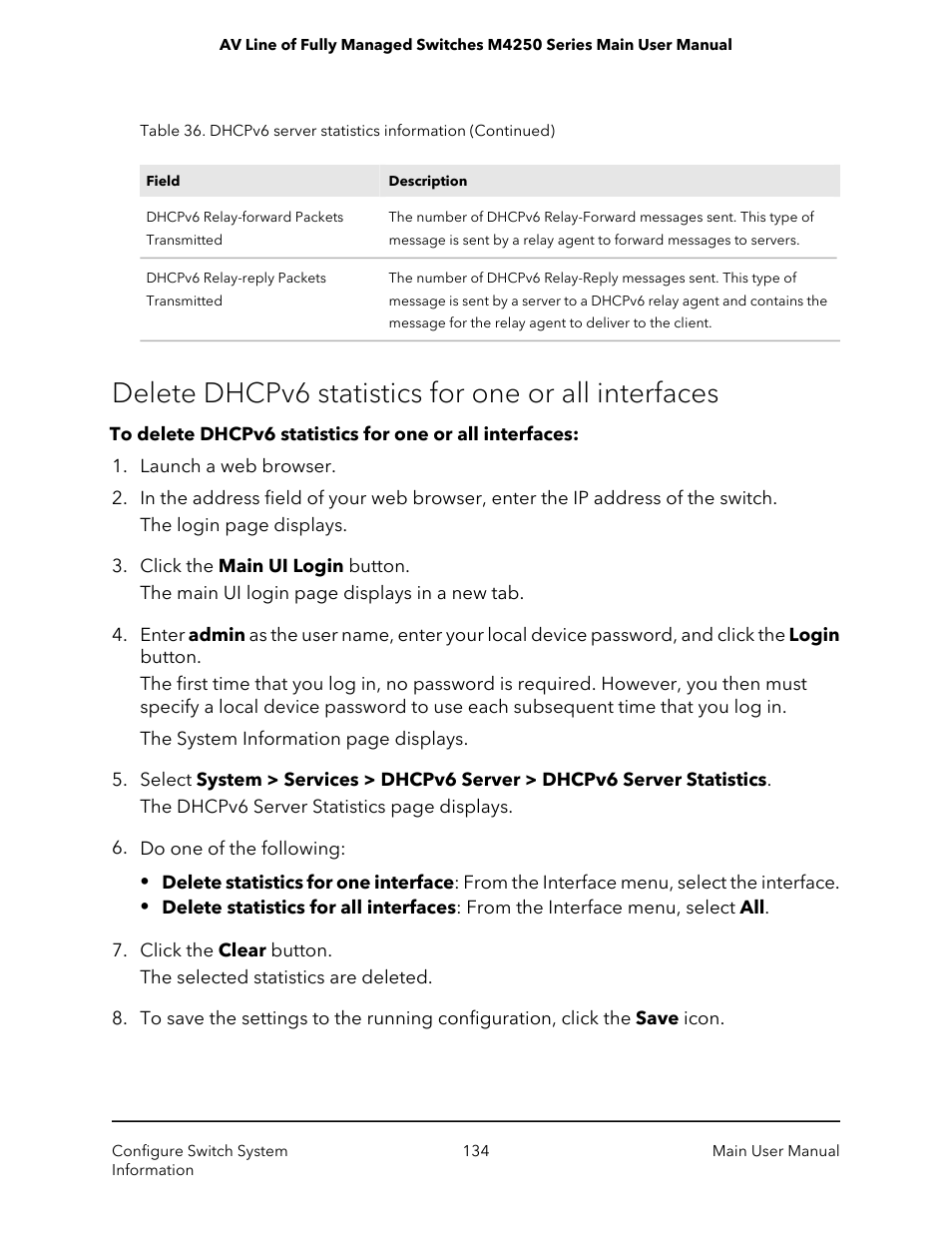 Delete dhcpv6 statistics for one or all interfaces | NETGEAR AV Line M4250 GSM4210PX 8-Port Gigabit PoE+ Compliant Managed AV Switch with SFP (220W) User Manual | Page 134 / 826