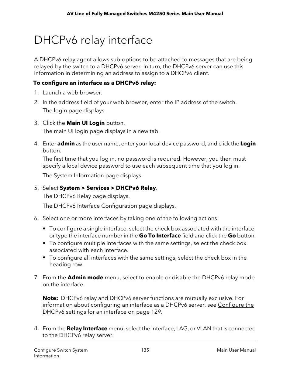 Dhcpv6 relay interface | NETGEAR AV Line M4250 GSM4210PX 8-Port Gigabit PoE+ Compliant Managed AV Switch with SFP (220W) User Manual | Page 135 / 826