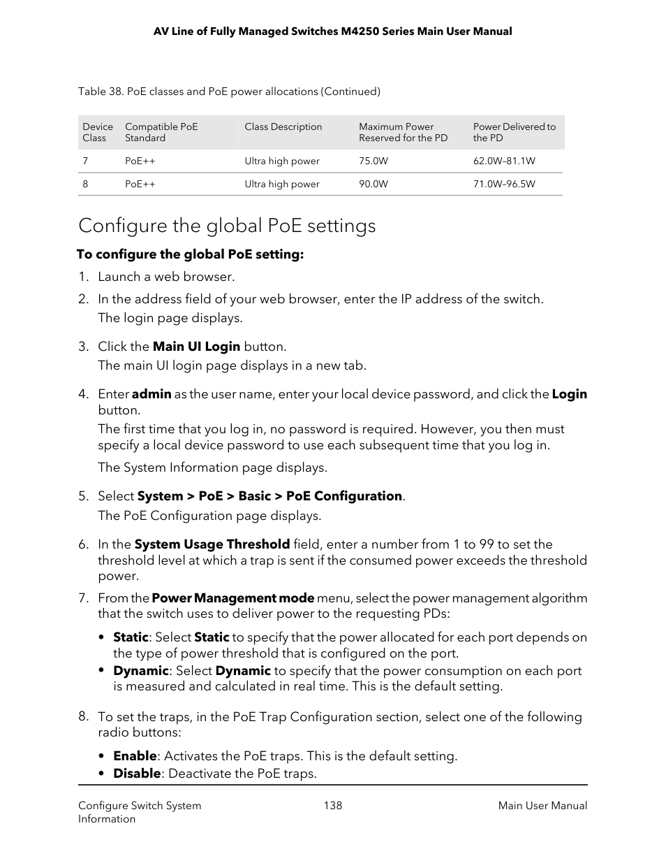 Configure the global poe settings | NETGEAR AV Line M4250 GSM4210PX 8-Port Gigabit PoE+ Compliant Managed AV Switch with SFP (220W) User Manual | Page 138 / 826