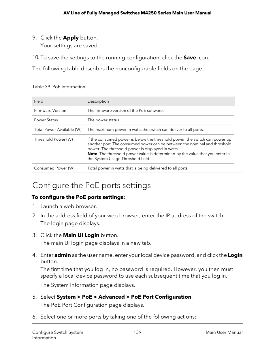 Configure the poe ports settings | NETGEAR AV Line M4250 GSM4210PX 8-Port Gigabit PoE+ Compliant Managed AV Switch with SFP (220W) User Manual | Page 139 / 826