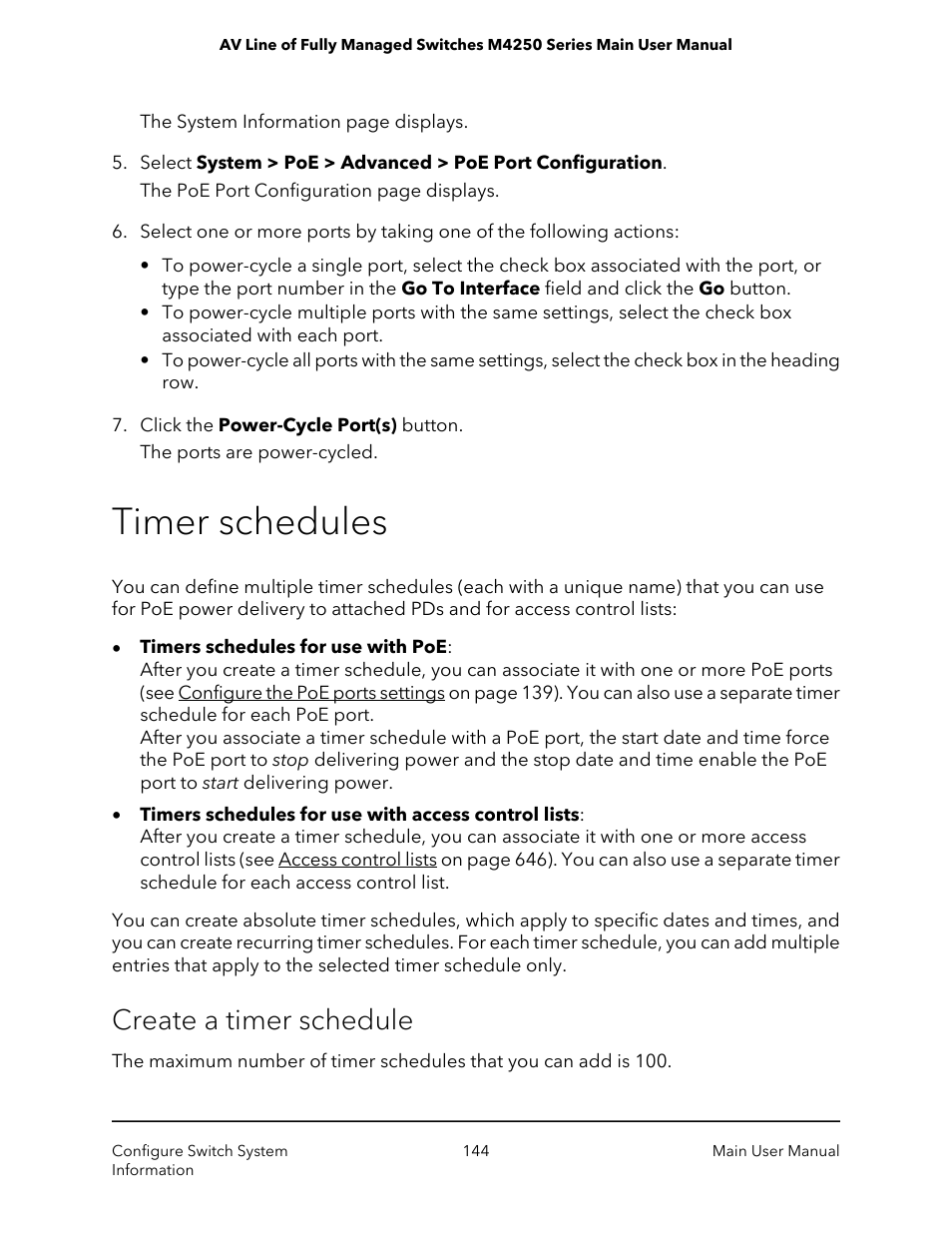 Timer schedules, Create a timer schedule | NETGEAR AV Line M4250 GSM4210PX 8-Port Gigabit PoE+ Compliant Managed AV Switch with SFP (220W) User Manual | Page 144 / 826