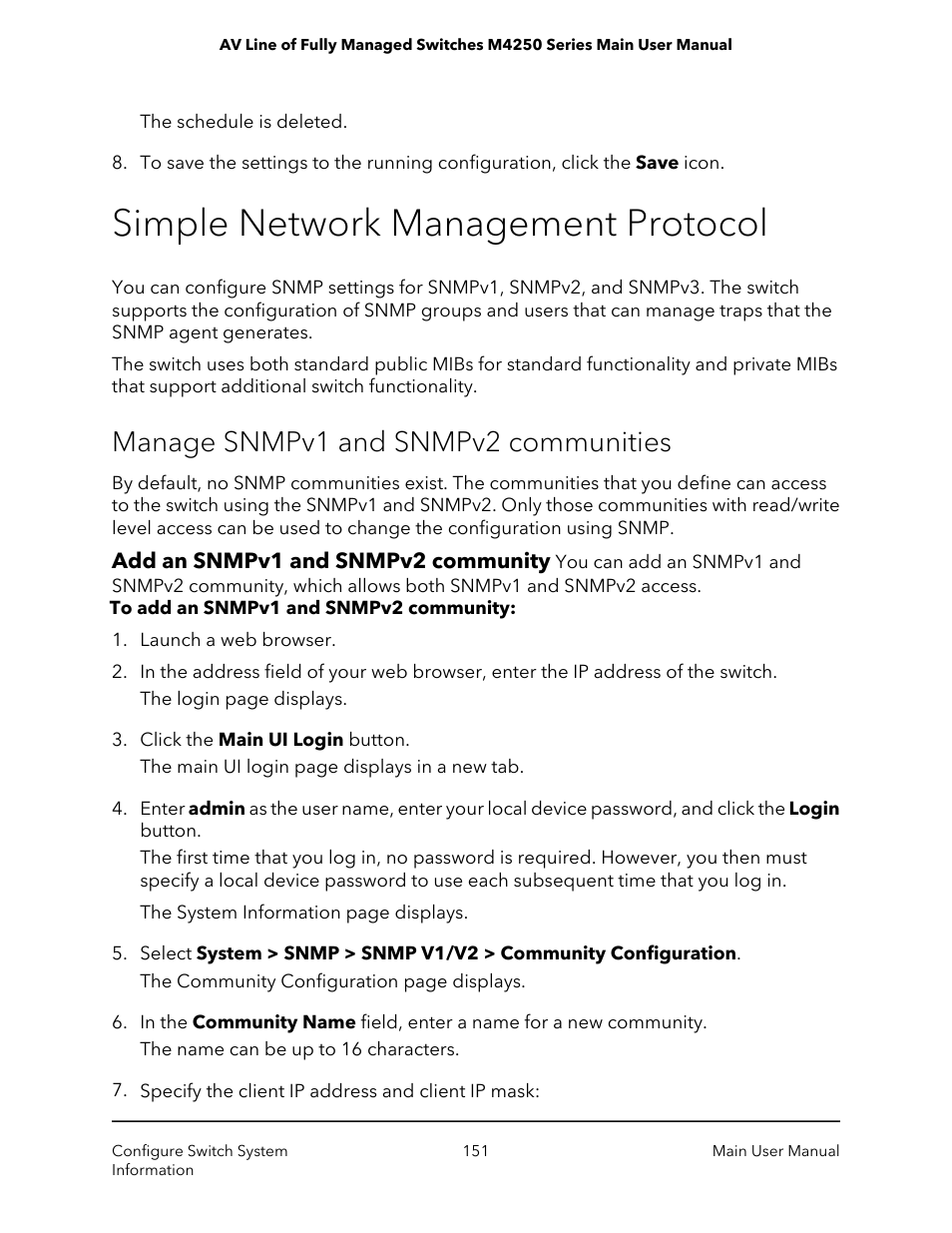 Simple network management protocol, Manage snmpv1 and snmpv2 communities, Add an snmpv1 and snmpv2 community | NETGEAR AV Line M4250 GSM4210PX 8-Port Gigabit PoE+ Compliant Managed AV Switch with SFP (220W) User Manual | Page 151 / 826