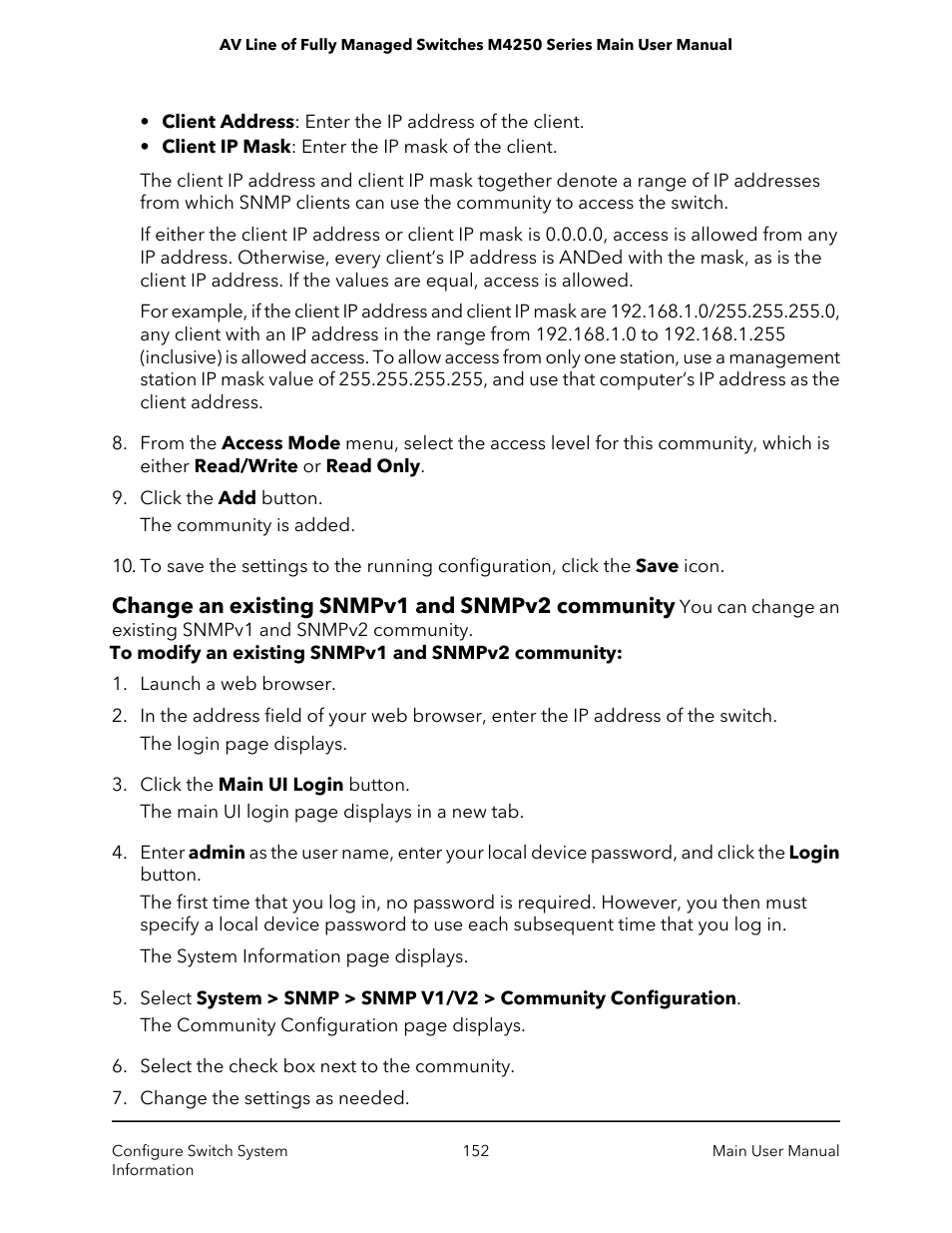 Change an existing snmpv1 and snmpv2 community | NETGEAR AV Line M4250 GSM4210PX 8-Port Gigabit PoE+ Compliant Managed AV Switch with SFP (220W) User Manual | Page 152 / 826