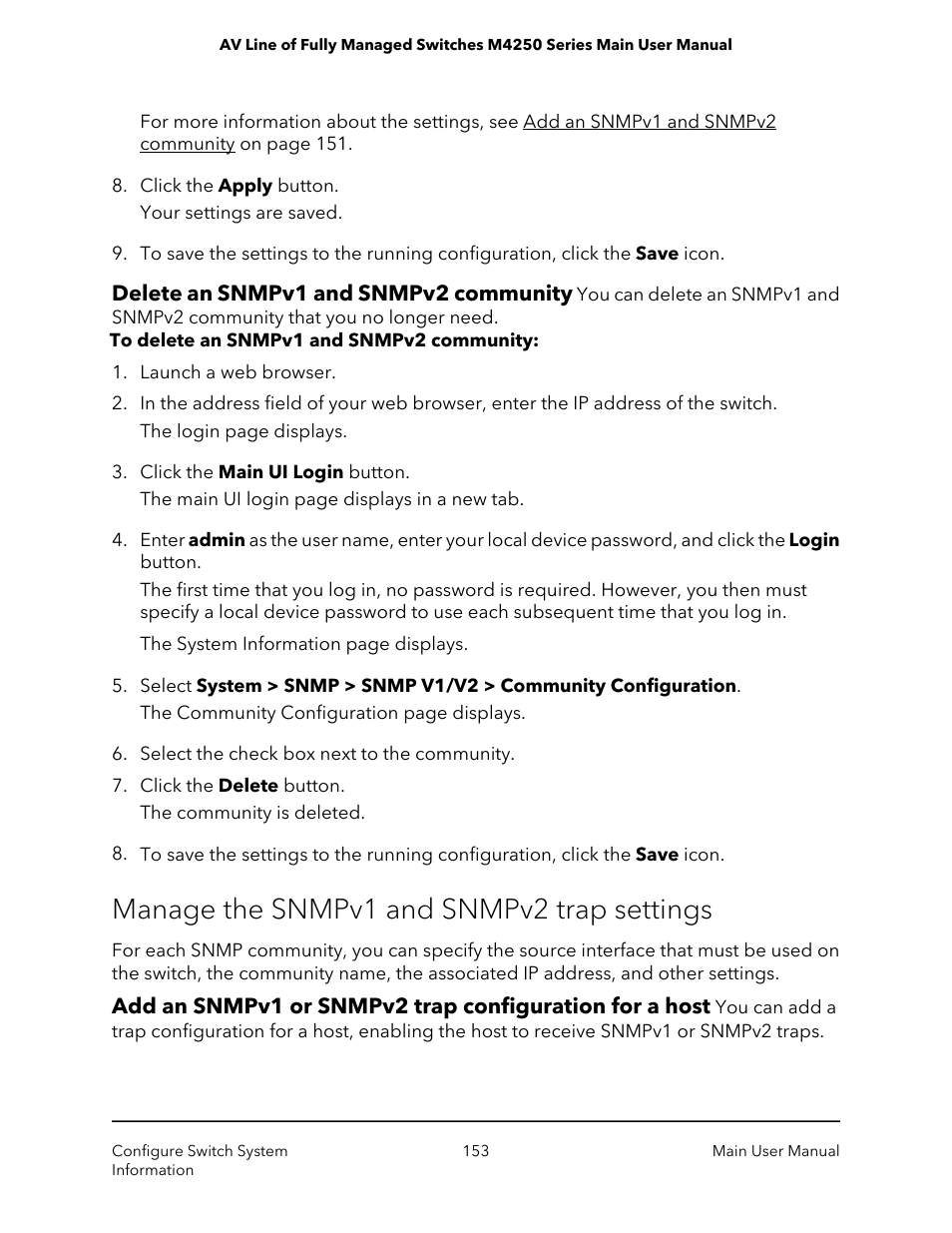 Delete an snmpv1 and snmpv2 community, Manage the snmpv1 and snmpv2 trap settings | NETGEAR AV Line M4250 GSM4210PX 8-Port Gigabit PoE+ Compliant Managed AV Switch with SFP (220W) User Manual | Page 153 / 826