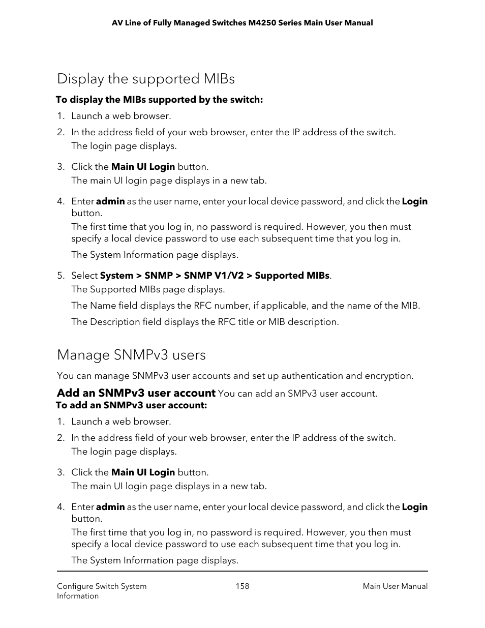 Display the supported mibs, Manage snmpv3 users, Add an snmpv3 user account | Display the supported mibs manage snmpv3 users | NETGEAR AV Line M4250 GSM4210PX 8-Port Gigabit PoE+ Compliant Managed AV Switch with SFP (220W) User Manual | Page 158 / 826