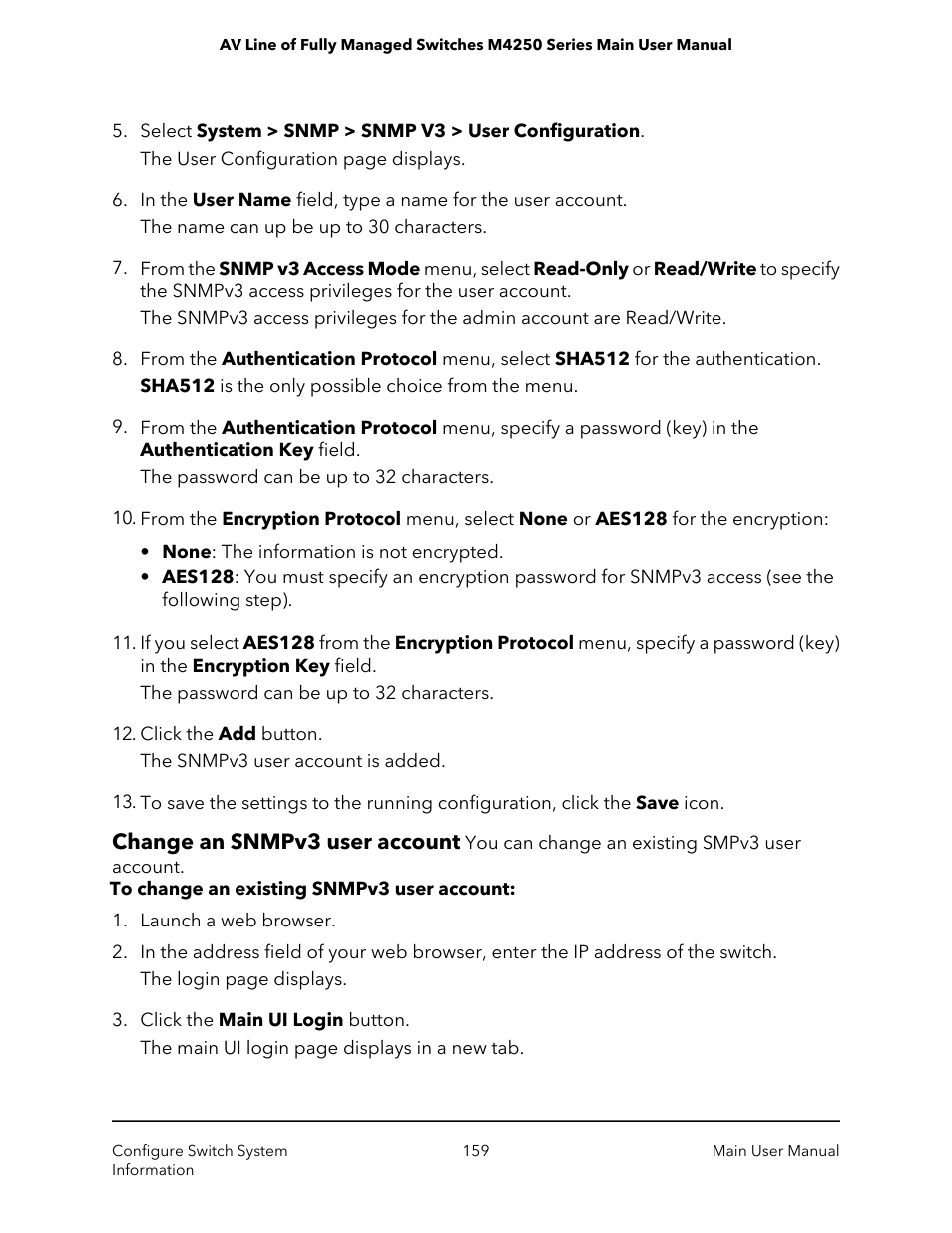 Change an snmpv3 user account | NETGEAR AV Line M4250 GSM4210PX 8-Port Gigabit PoE+ Compliant Managed AV Switch with SFP (220W) User Manual | Page 159 / 826